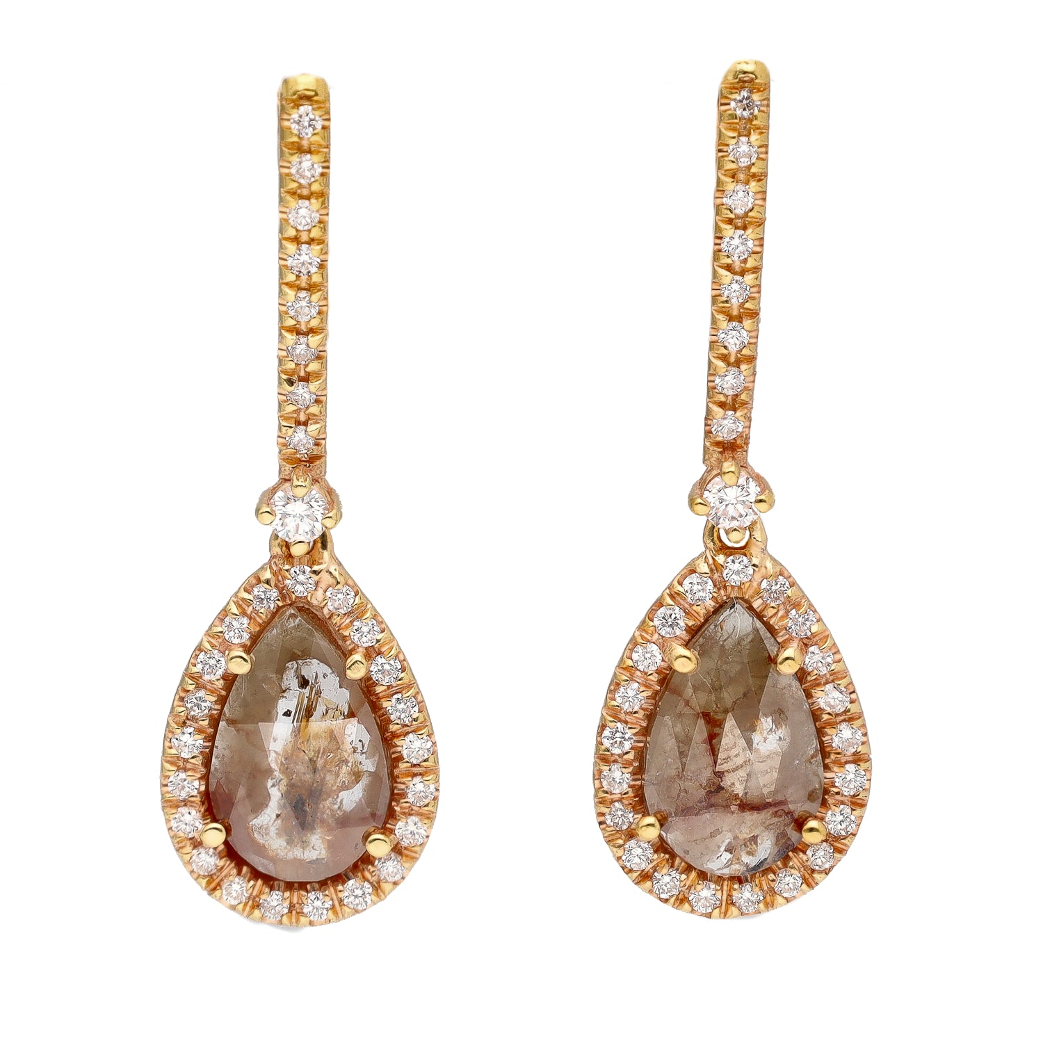 14K Rose Gold Rough Cut Diamond with Diamond Halos Lever Back Dangle Earrings