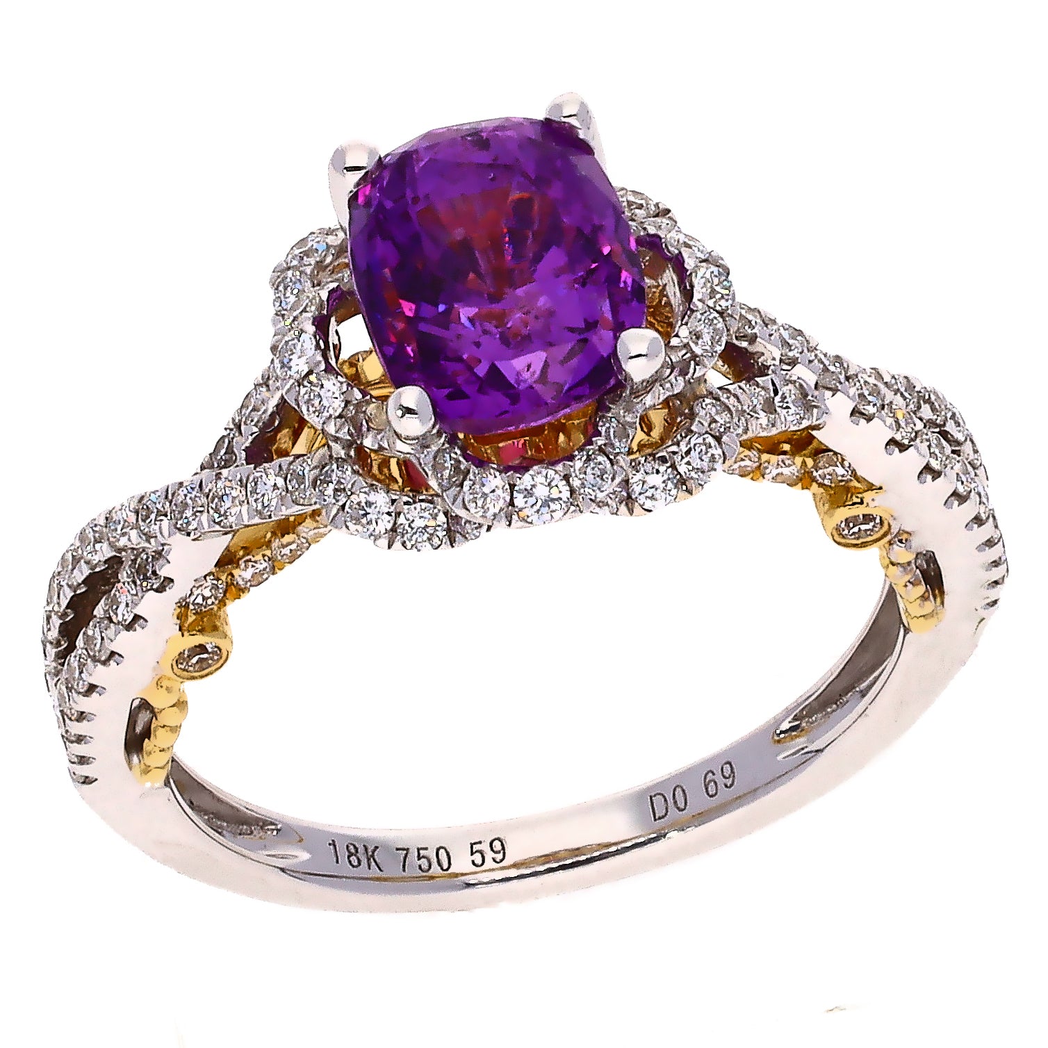 18K Two Tone White & Yellow Gold Oval Purple Sapphire and Diamond Ring Size 6.5