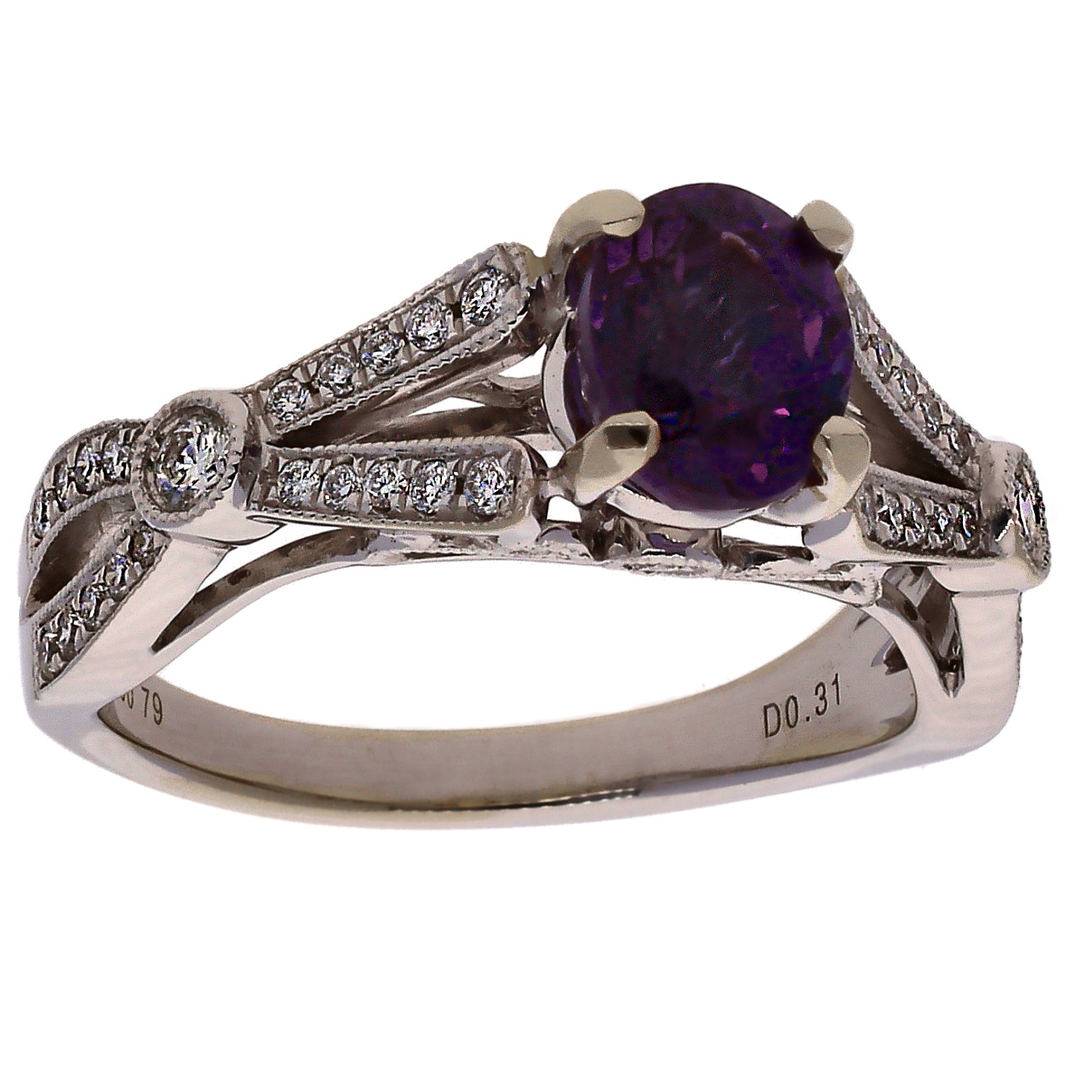18K White Gold Color Changing Sapphire & Diamond Split Shank Ring