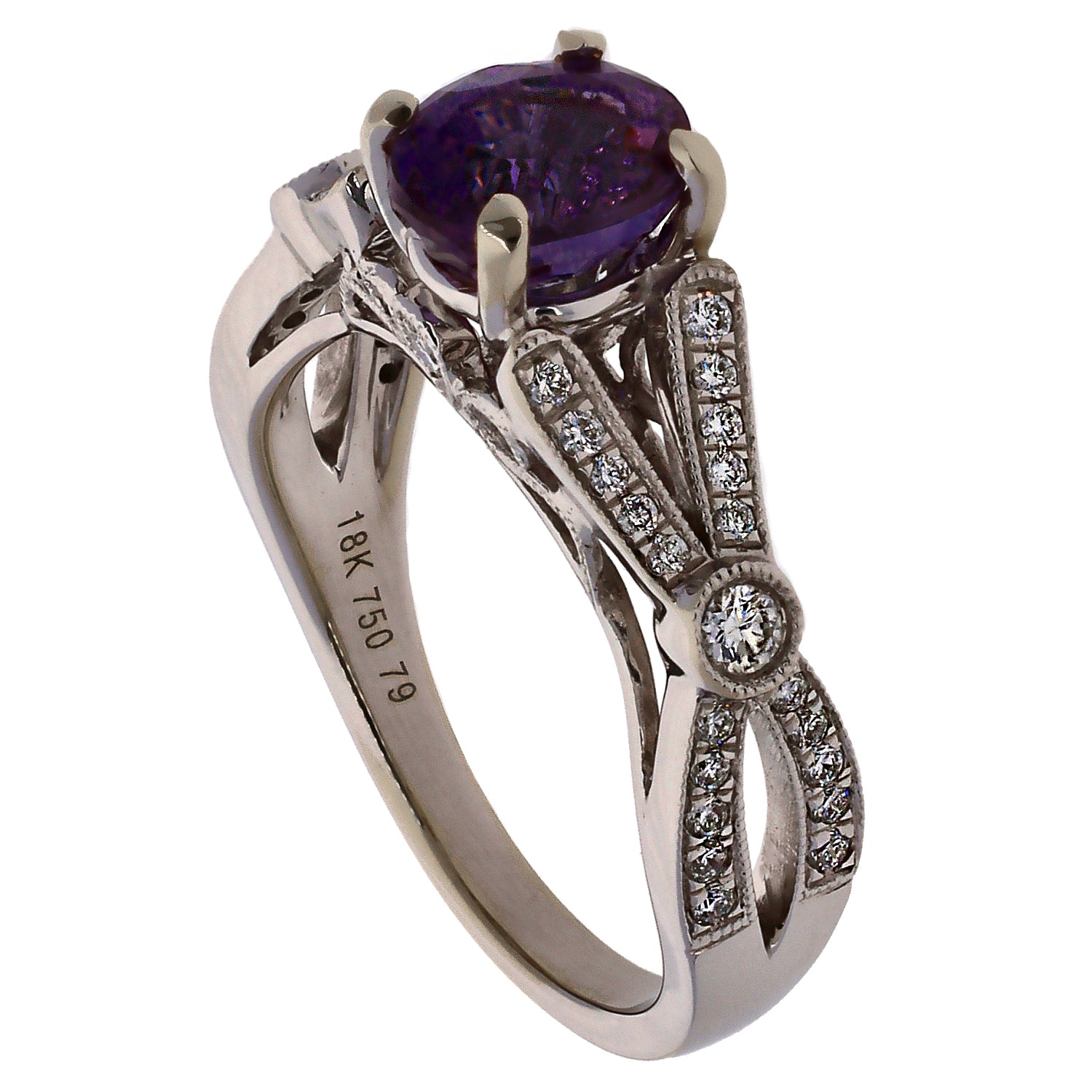 18K White Gold Color Changing Sapphire & Diamond Split Shank Ring
