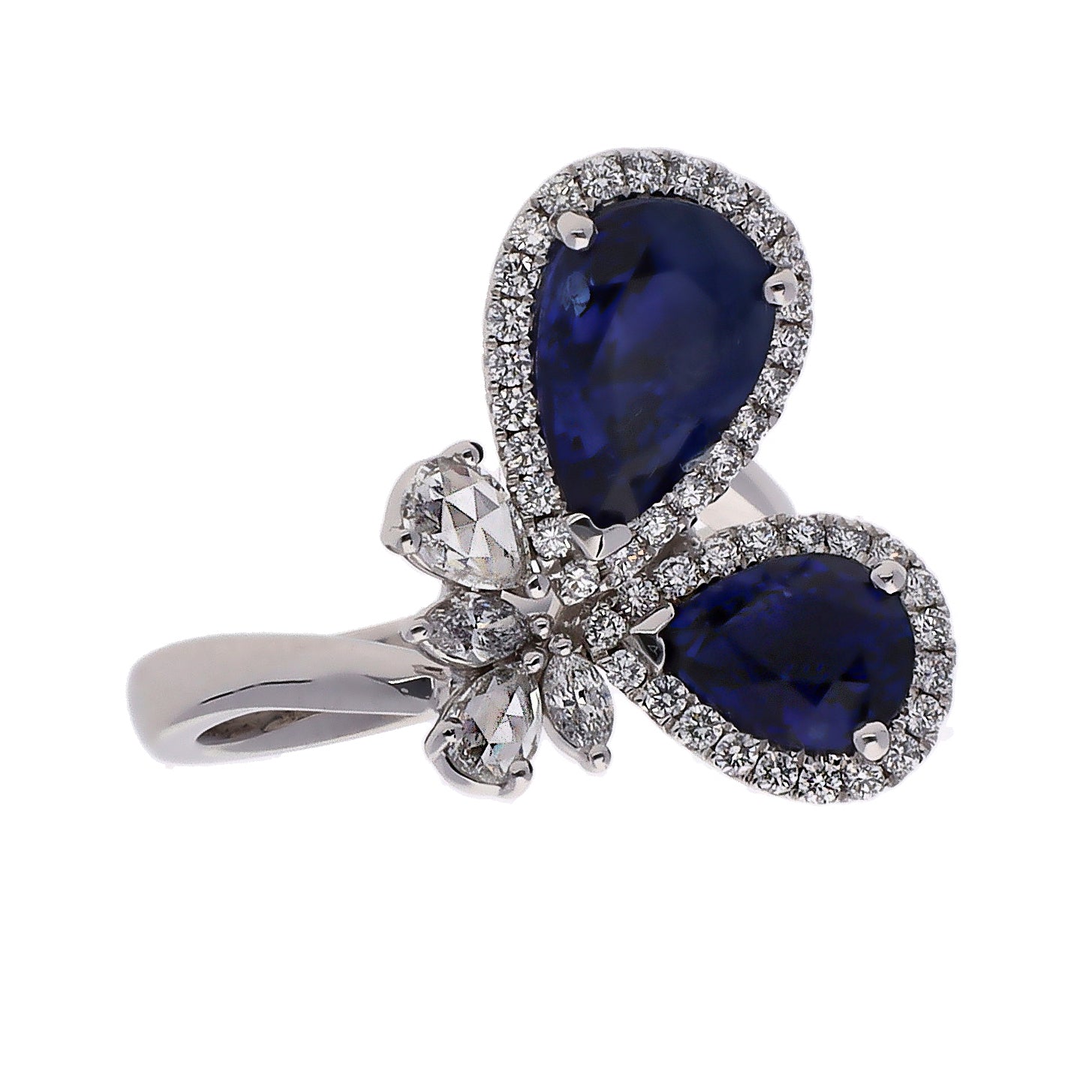 18K White Gold Pear Shaped Sapphires & Diamond Fashion Ring