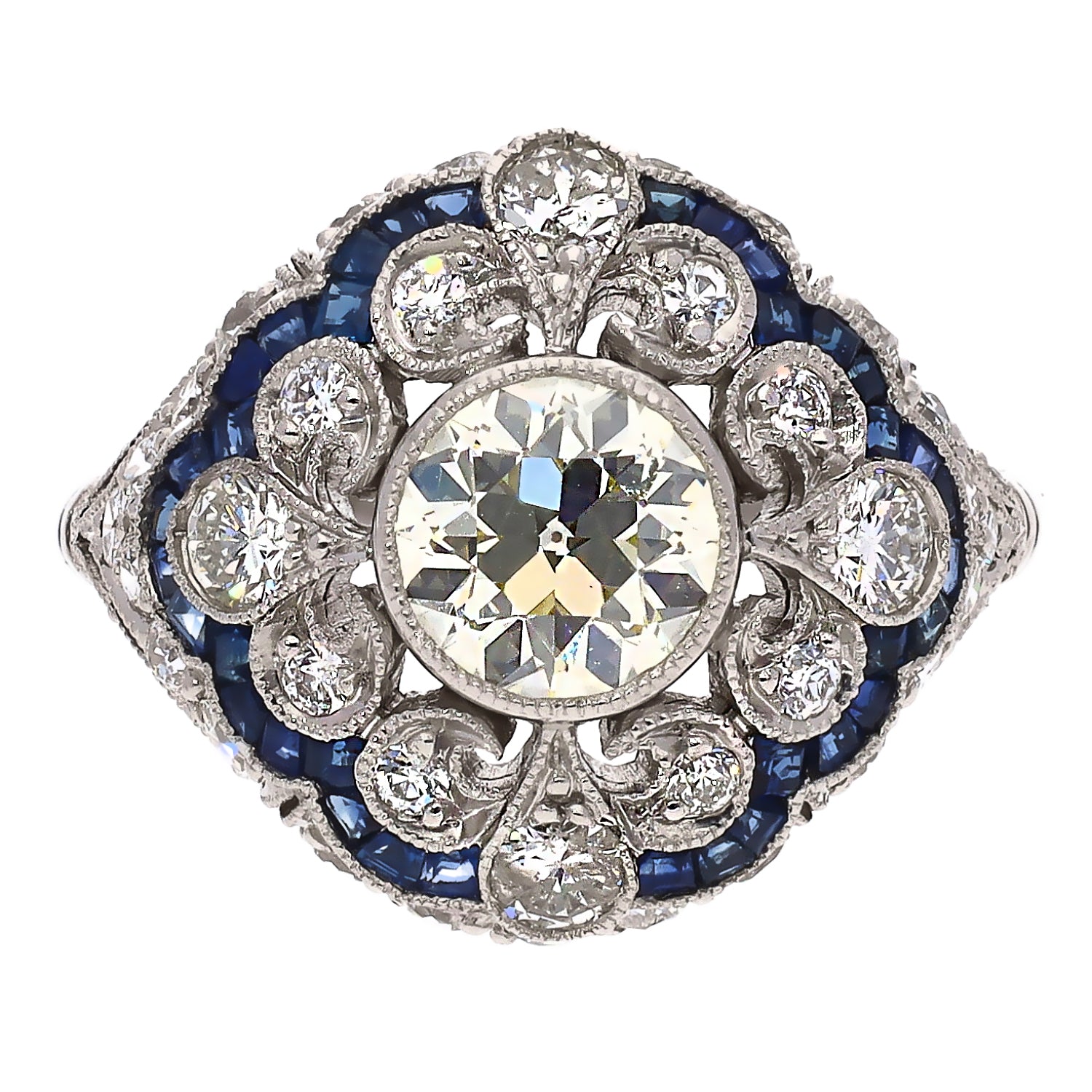 Vintage Platinum Euro Cut Diamond and French Cut Sapphire Ring