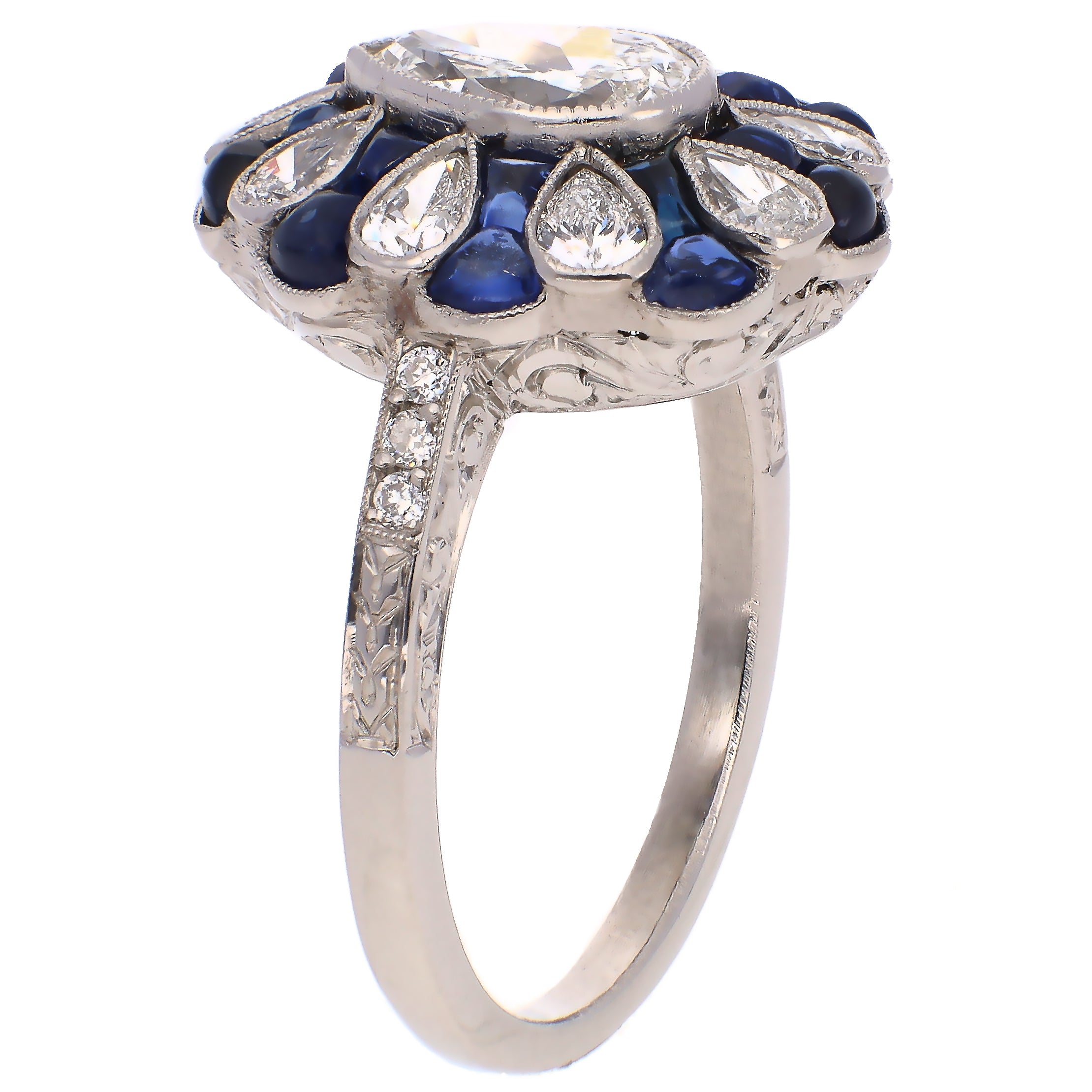 Platinum Antique Pear Shaped Diamond and Sapphire Fashion Ring