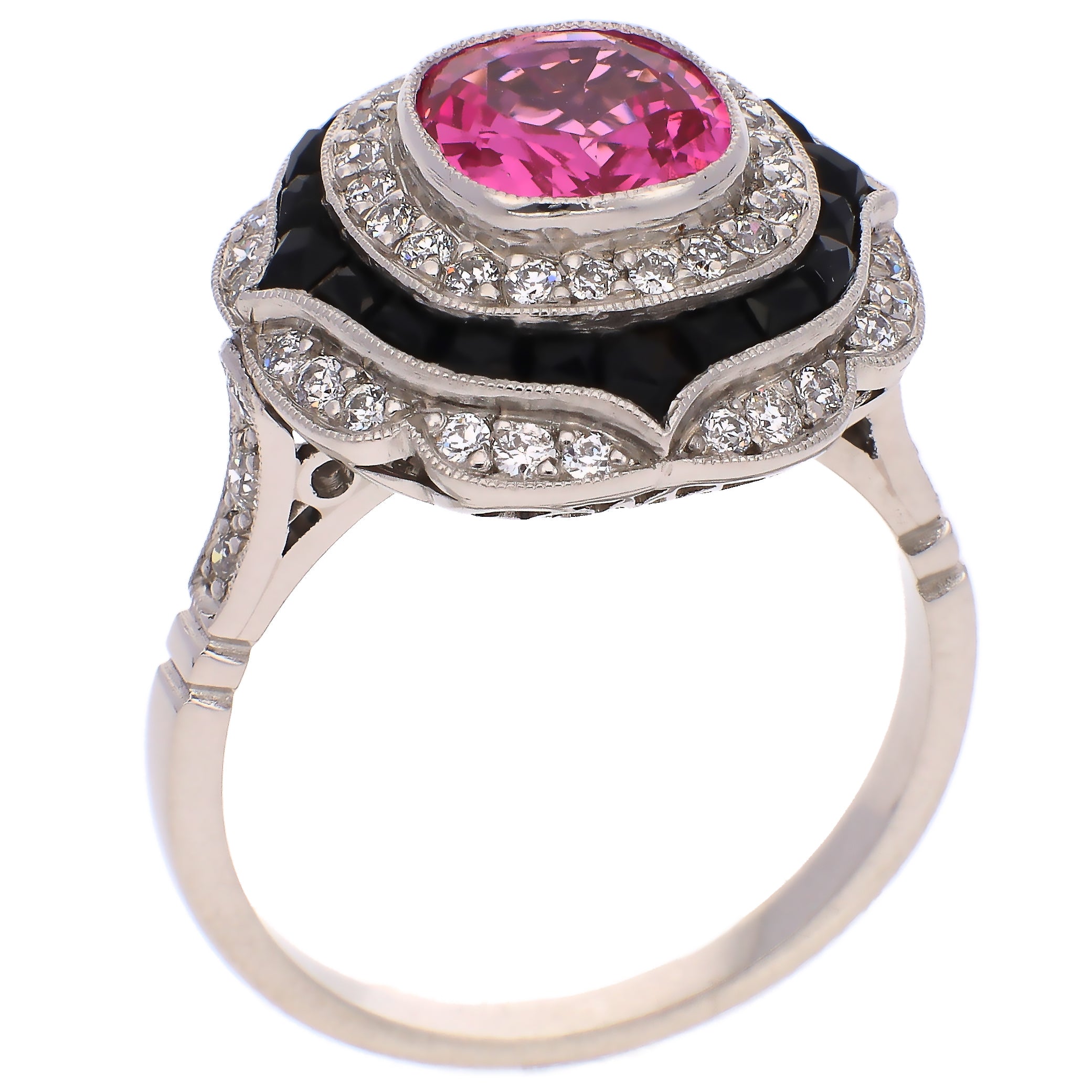 Platinum Cushion Cut Pink Spinel Diamonds and Onyx Fashion Ring