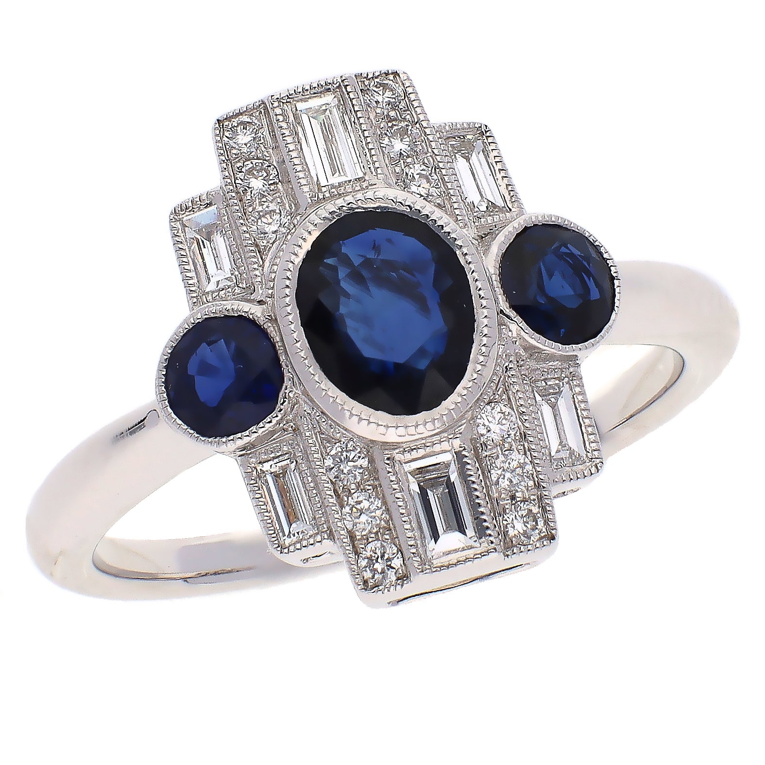 18K White Gold Sapphire and Diamond Vintage Style Ring
