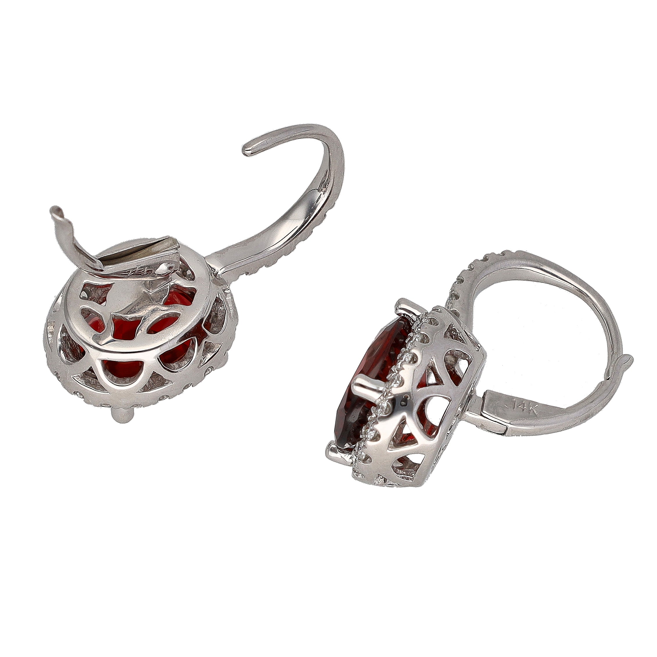 14K White Gold Oval Garnet & Diamond Dangle Earrings
