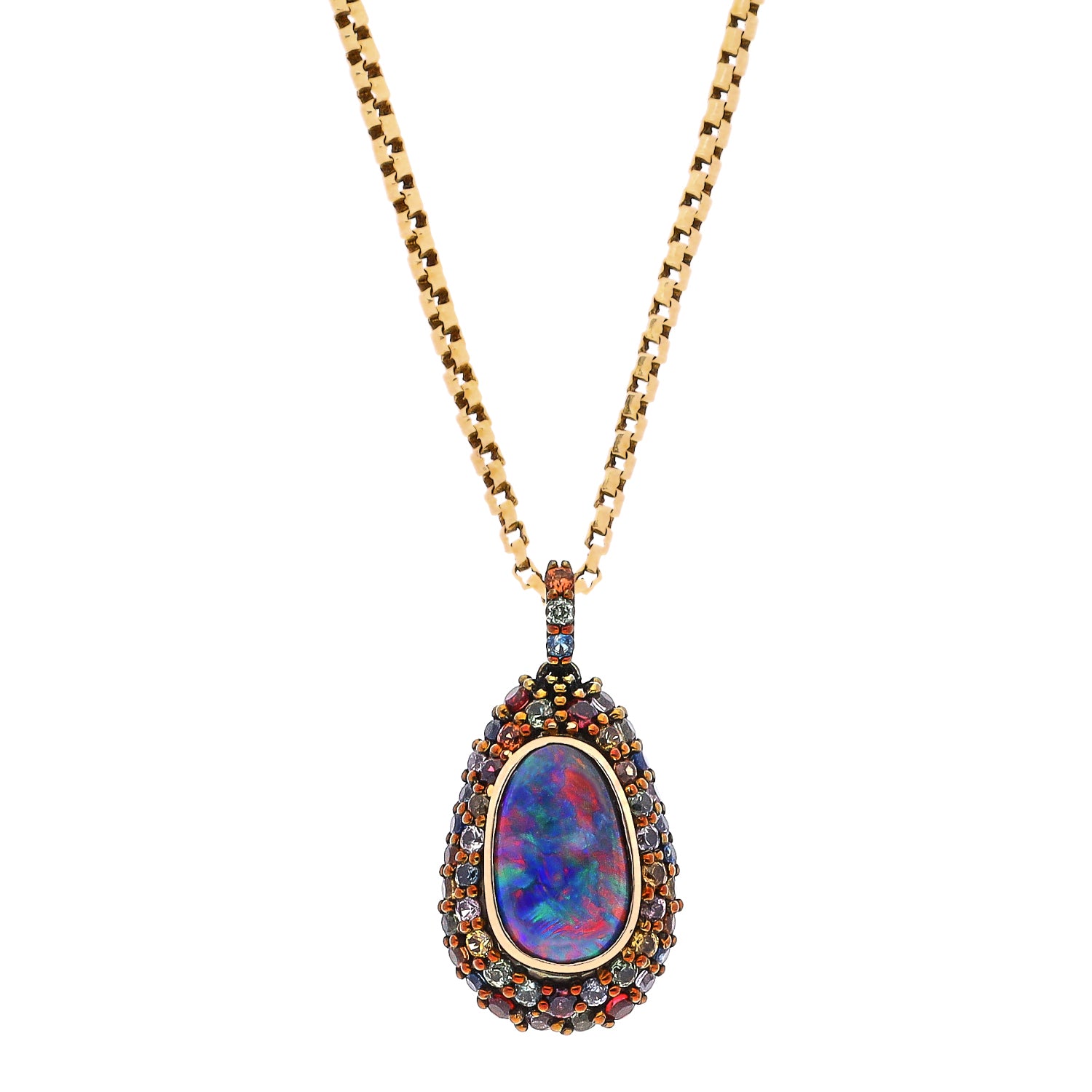 14K Black Rhodium Yellow Gold Black Opal and Multi-Colored Sapphire Custom Design Pendant Necklace