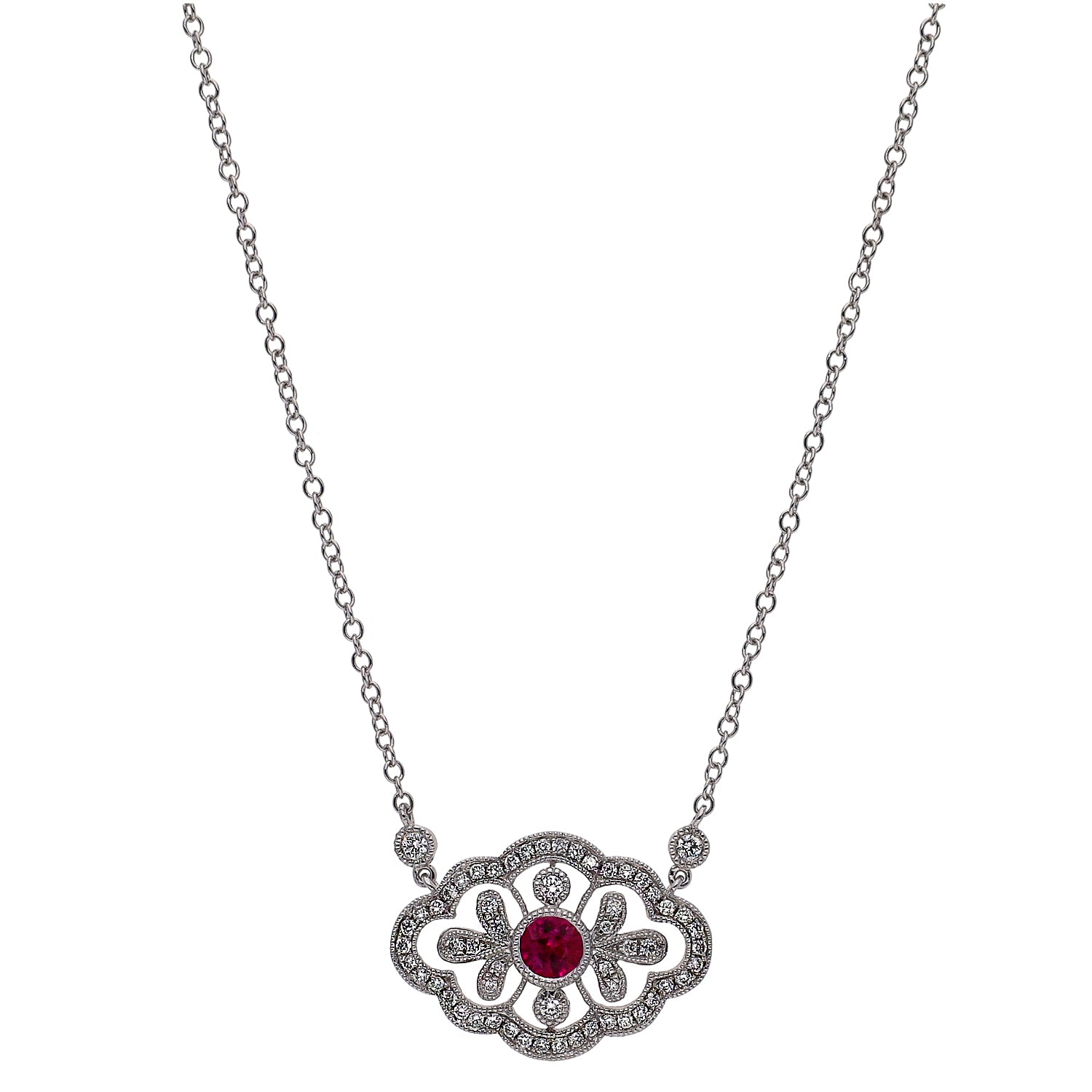 14K White Gold Center Round Ruby and Diamond Necklace