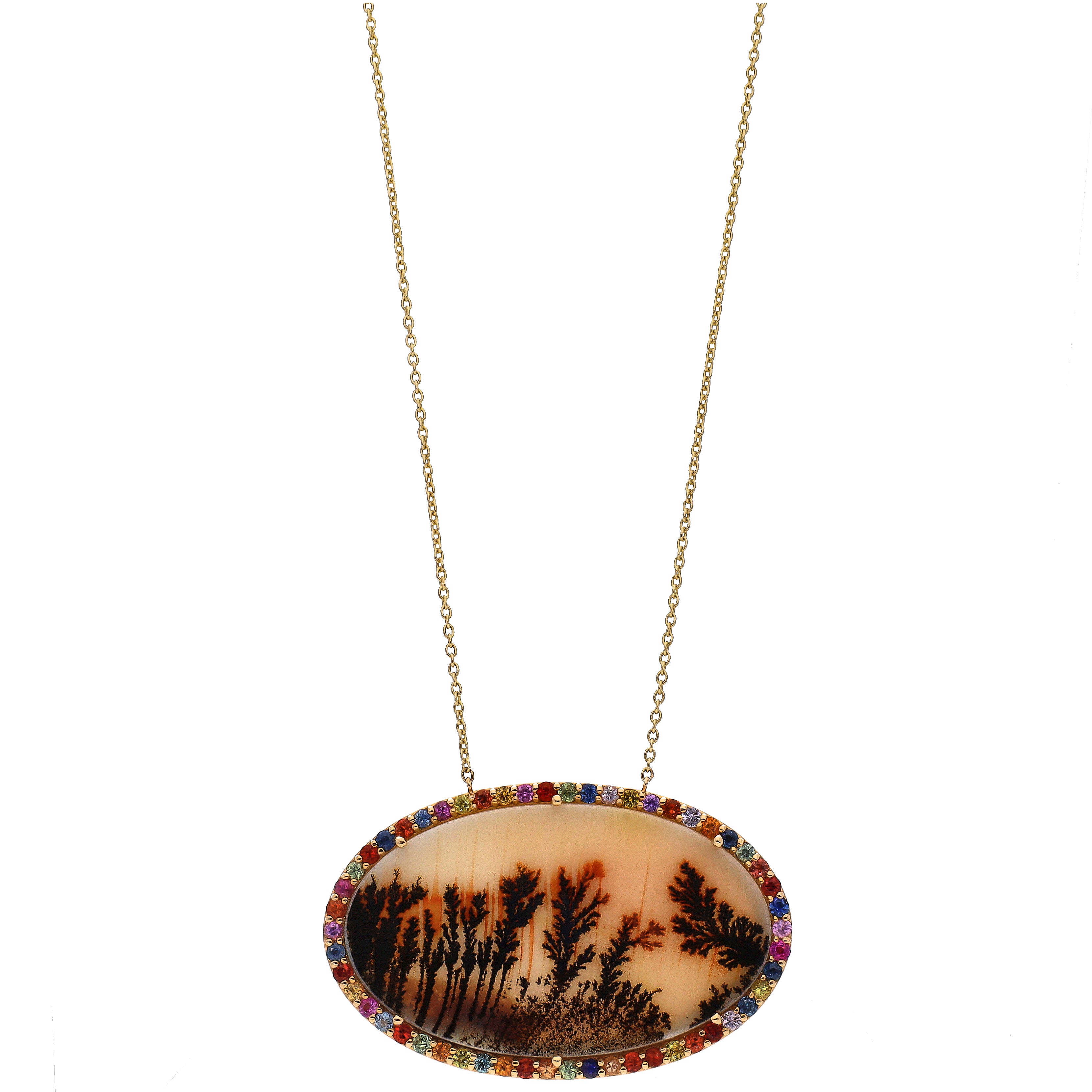 14K Yellow Gold Custom Design One-Of-A-Kind Picture Agate w/Multi-Colored Sapphire Accent 18" Necklace