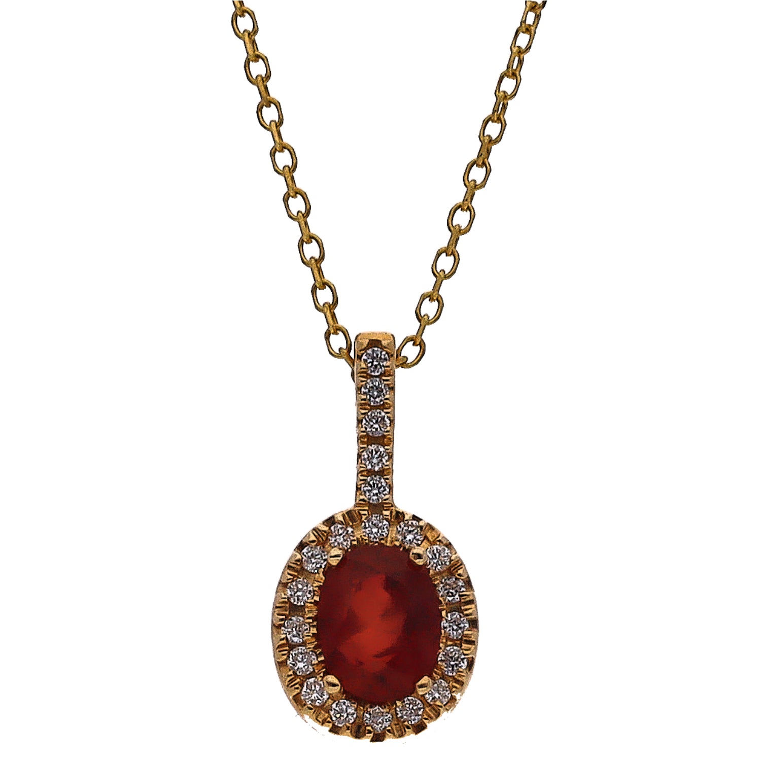 14K Yellow Gold Oval Ruby with Diamond Halo Pendant Necklace