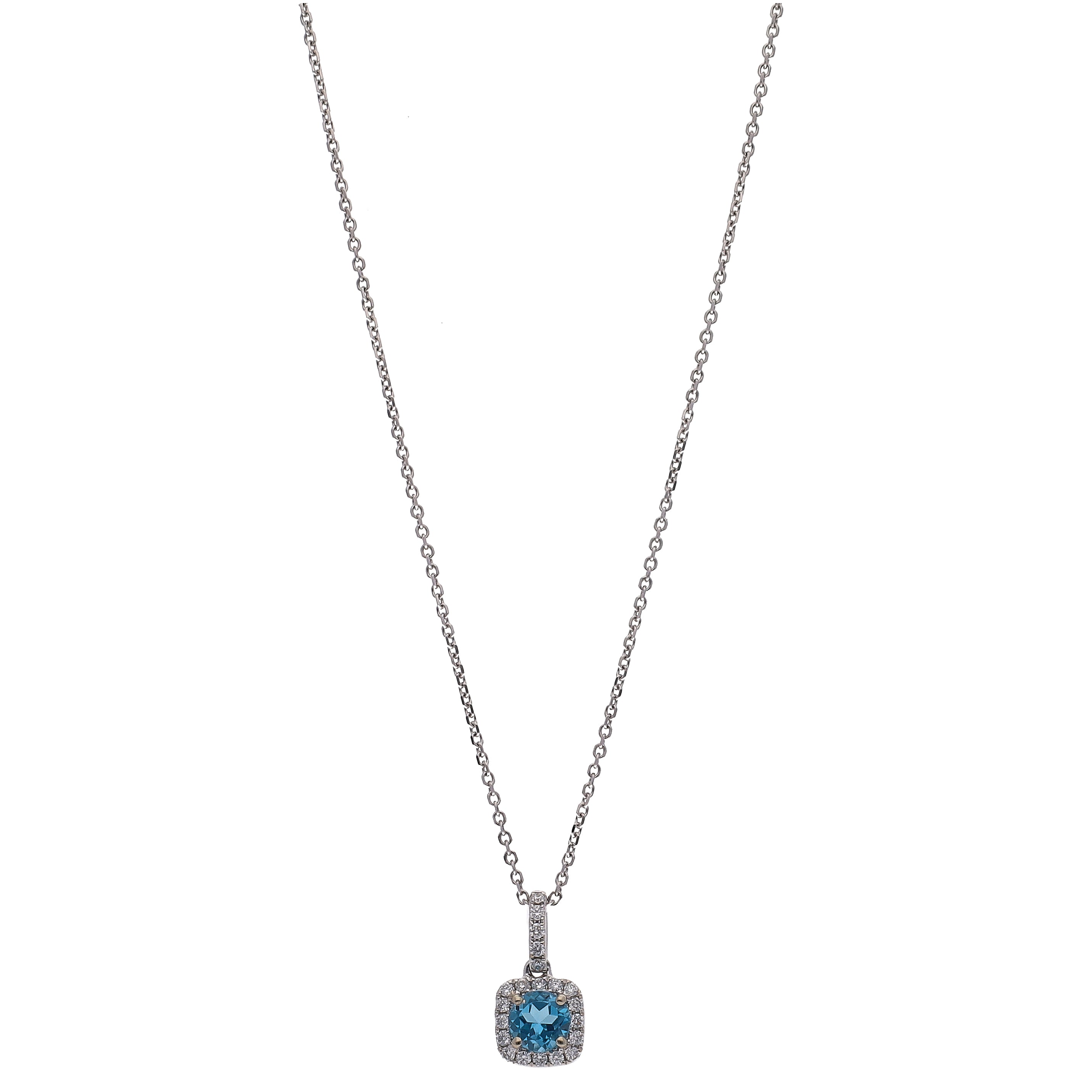 14K White Gold Round Blue Topaz and Diamond Pendant Necklace