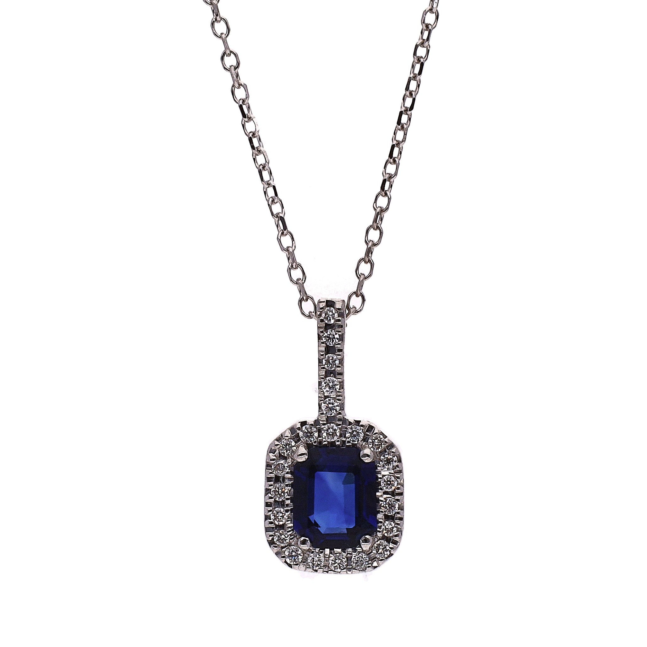 14K White Gold Emerald Cut Sapphire & Diamond Pendant Necklace