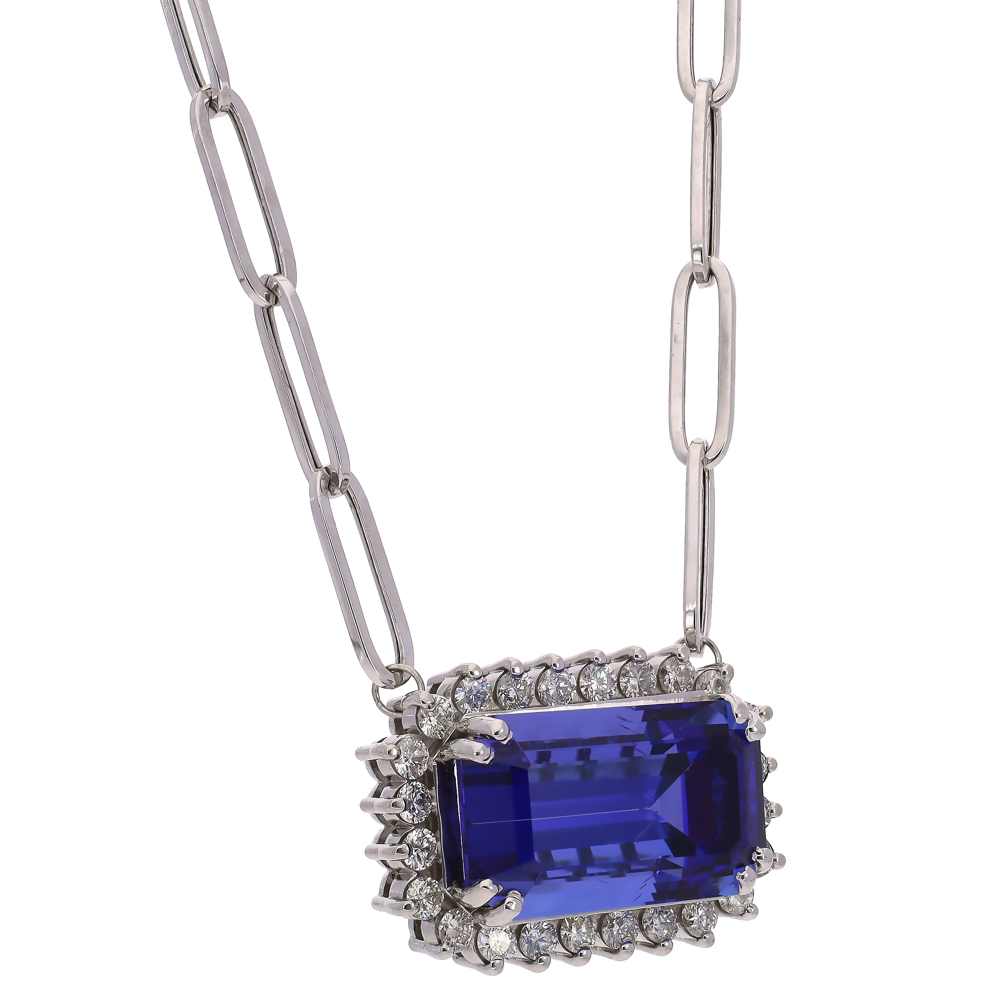 18K White Gold Tanzanite Station Necklace with Paperclip Chain