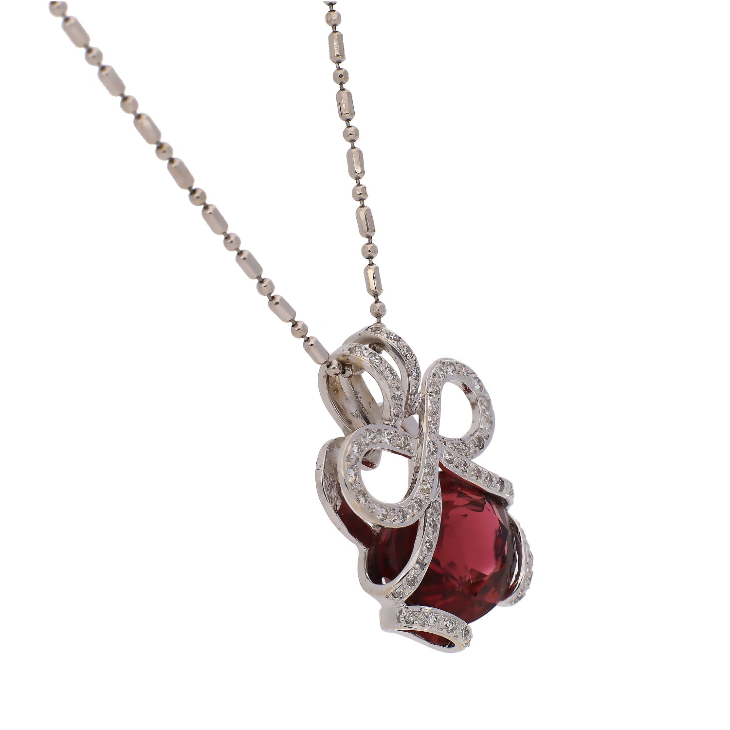 14K White Gold Pink Tourmaline and Diamond Necklace