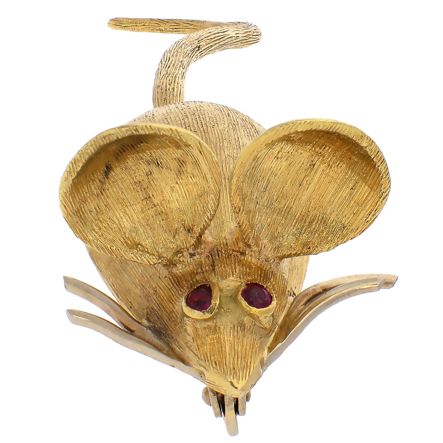 18K Yellow Gold and Ruby Mouse Brooch