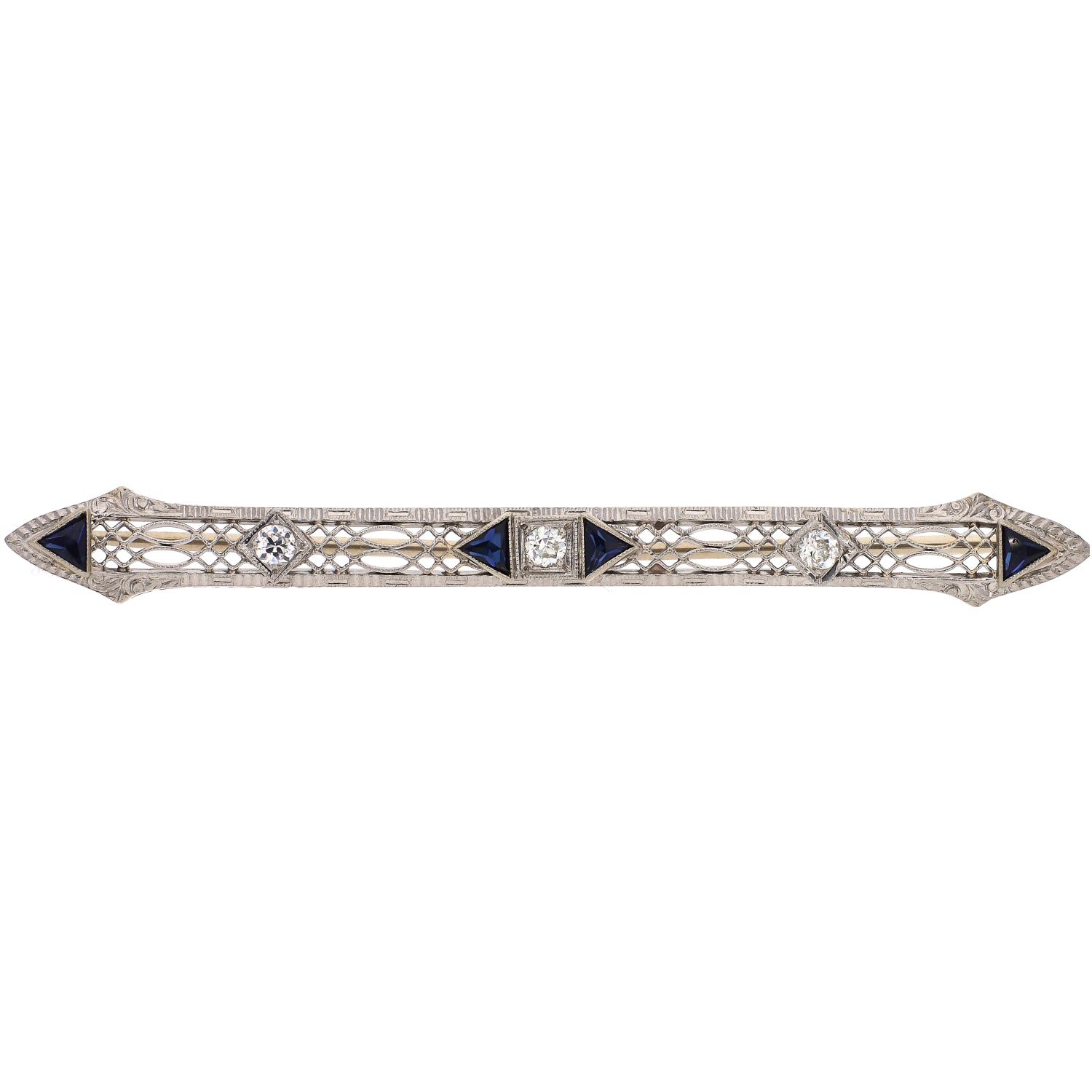 14K White Gold Trillion Cut Sapphire and Diamond Pin
