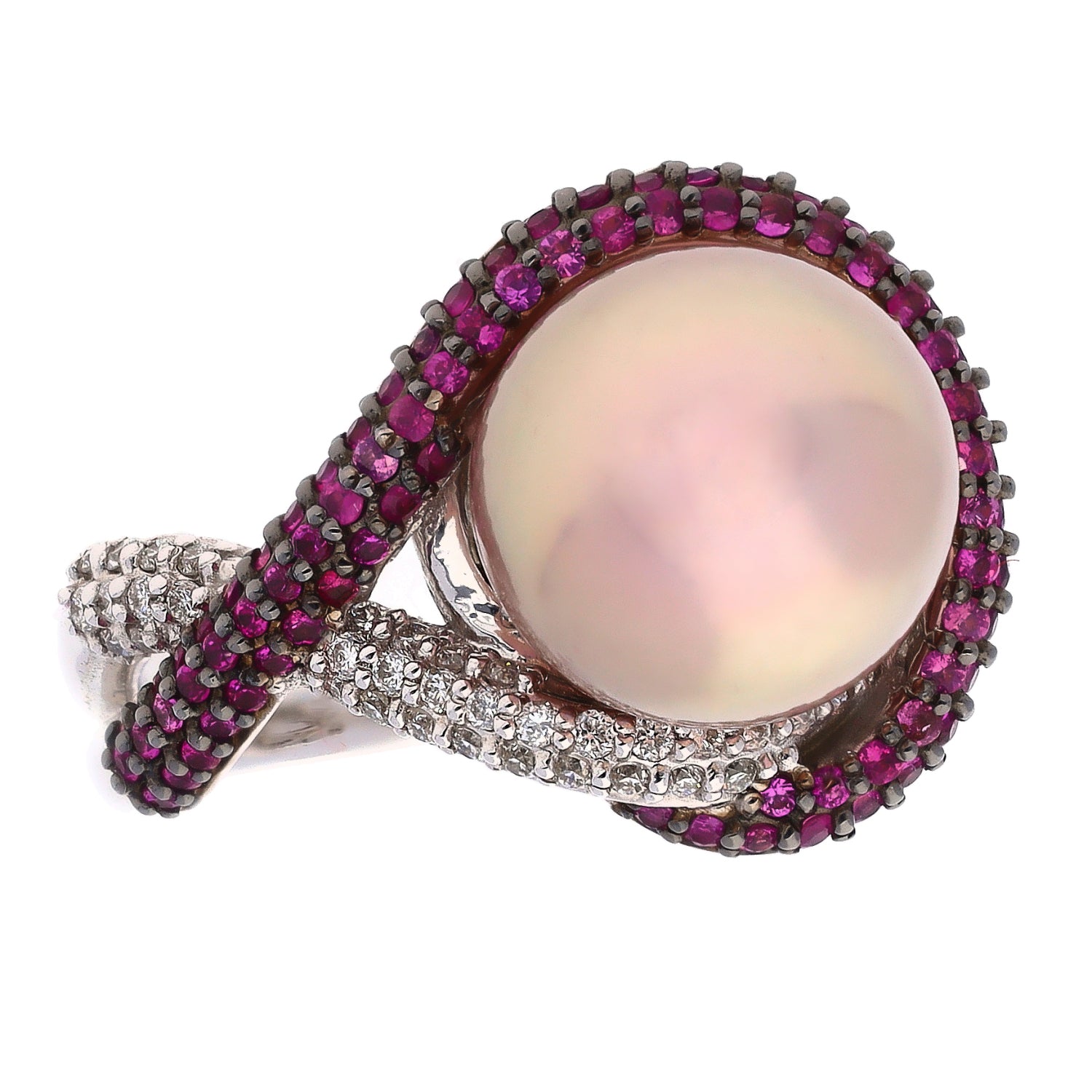14K White Gold South Sea Cultured Pearl with Pink Sapphires and Diamonds Fashion Ring