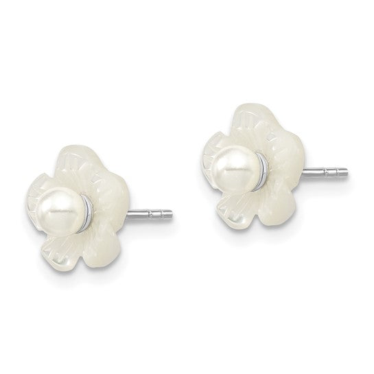 Sterling Silver Mother of Pearl Flower with 4mm Pearl Earrings