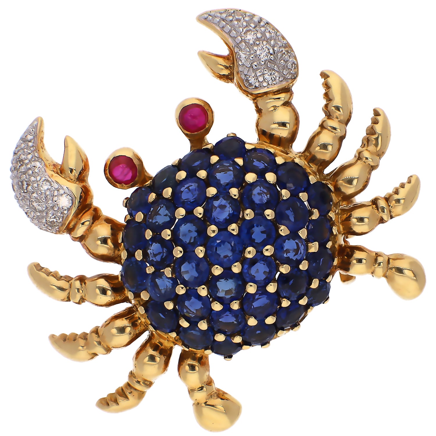 18K Yellow Gold Sapphire, Diamond, and Ruby Crab Pin/Brooch