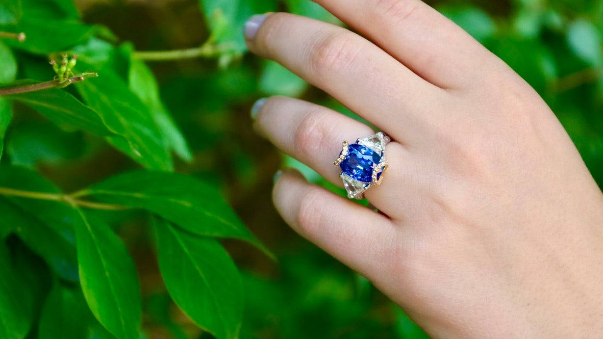 18K White & Yellow Gold Custom Design Sapphire & Diamond Ring