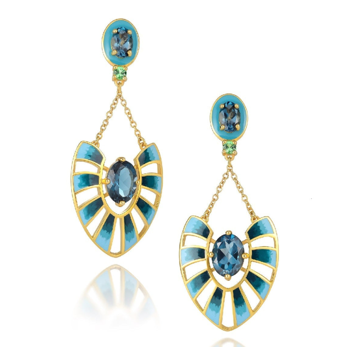 Martha Seely Designs Sterling Silver Gold Plated Hand Painted Enamel & London Blue Topaz Dangle Earrings
