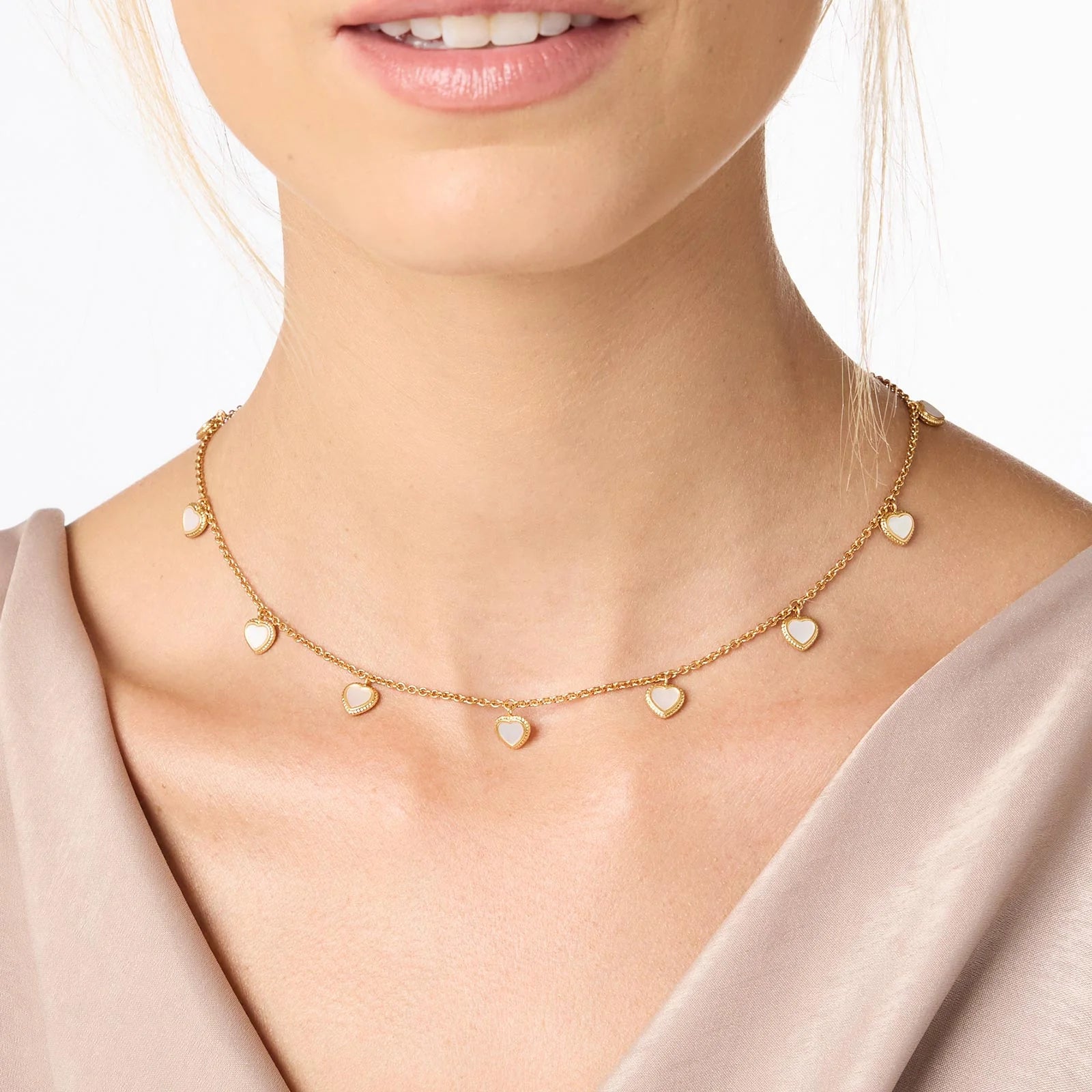 Julie Vos 24K Gold Plated Heart Delicate Charm Mother of Pearl and Cubic Zirconia Necklace