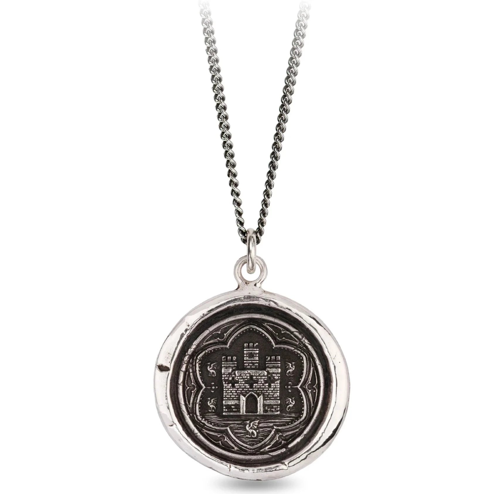 Pyrrha Sterling Silver "Castle" Talisman 18" Oxidized Fine Curb Chain Necklace