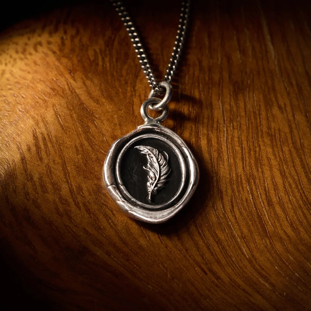 Pyrrha Sterling Silver "Feather" Talisman 18" Fine Curb Chain Necklace