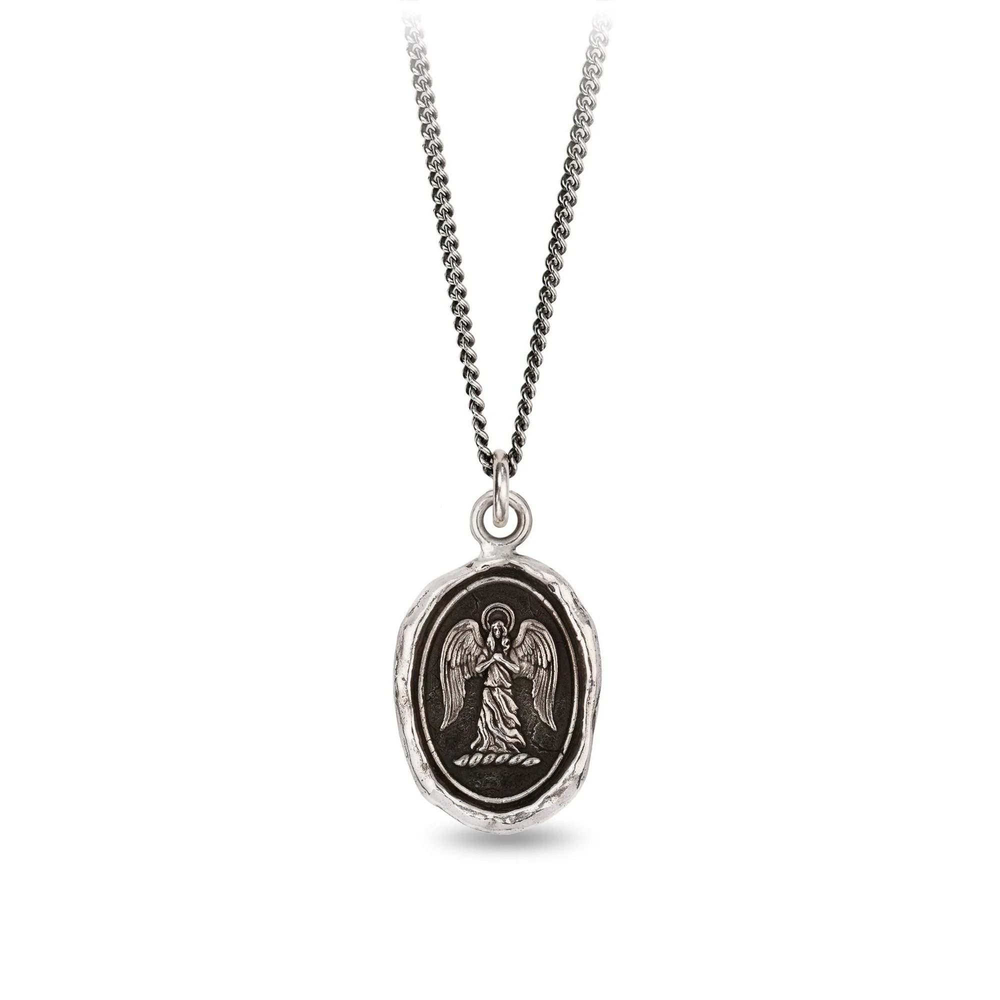 Pyrrha Sterling Silver "Guardian Angel" Talisman 18 Inch Fine Curb Chain Necklace