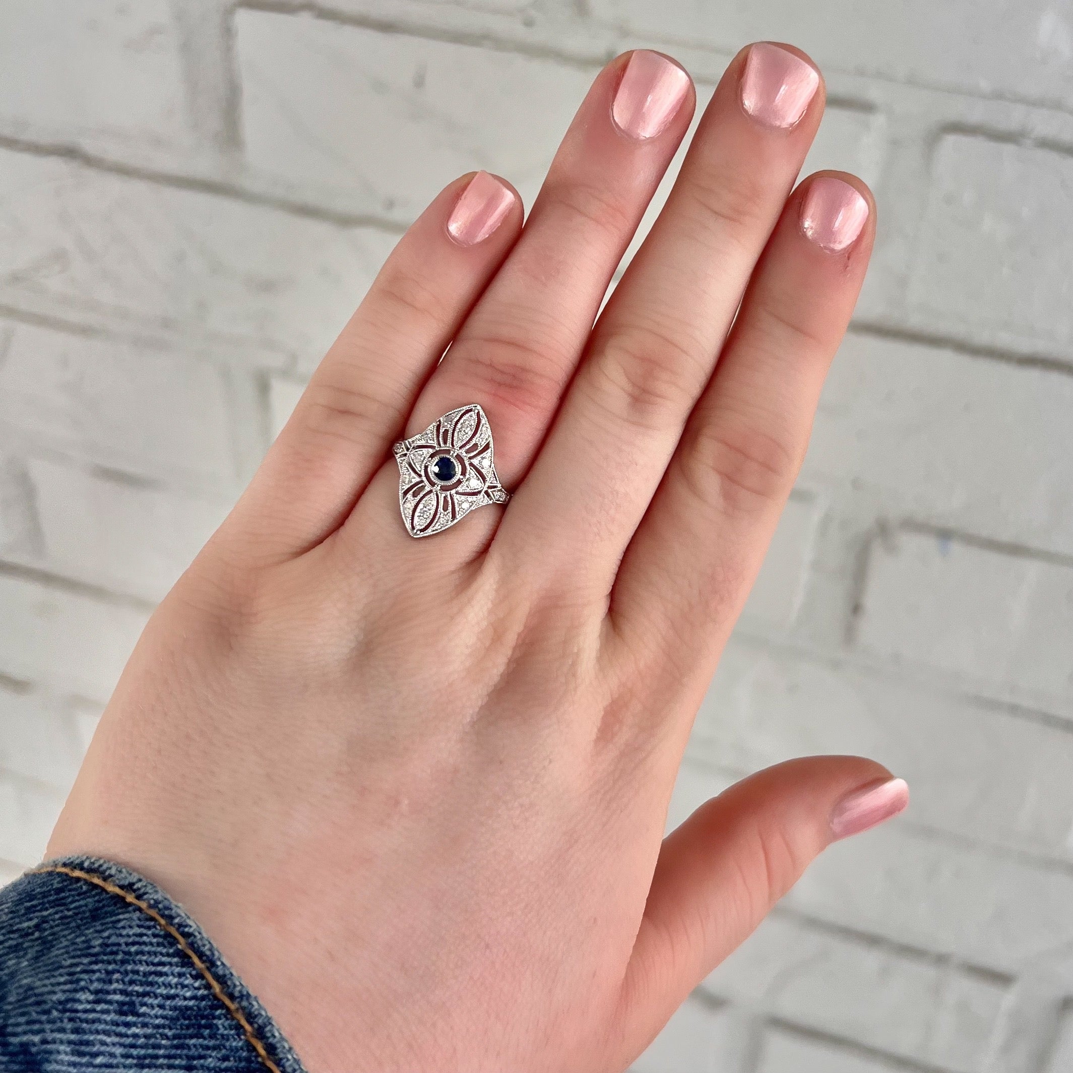 14K White Gold Sapphire & Diamond Ring, Size 6.5
