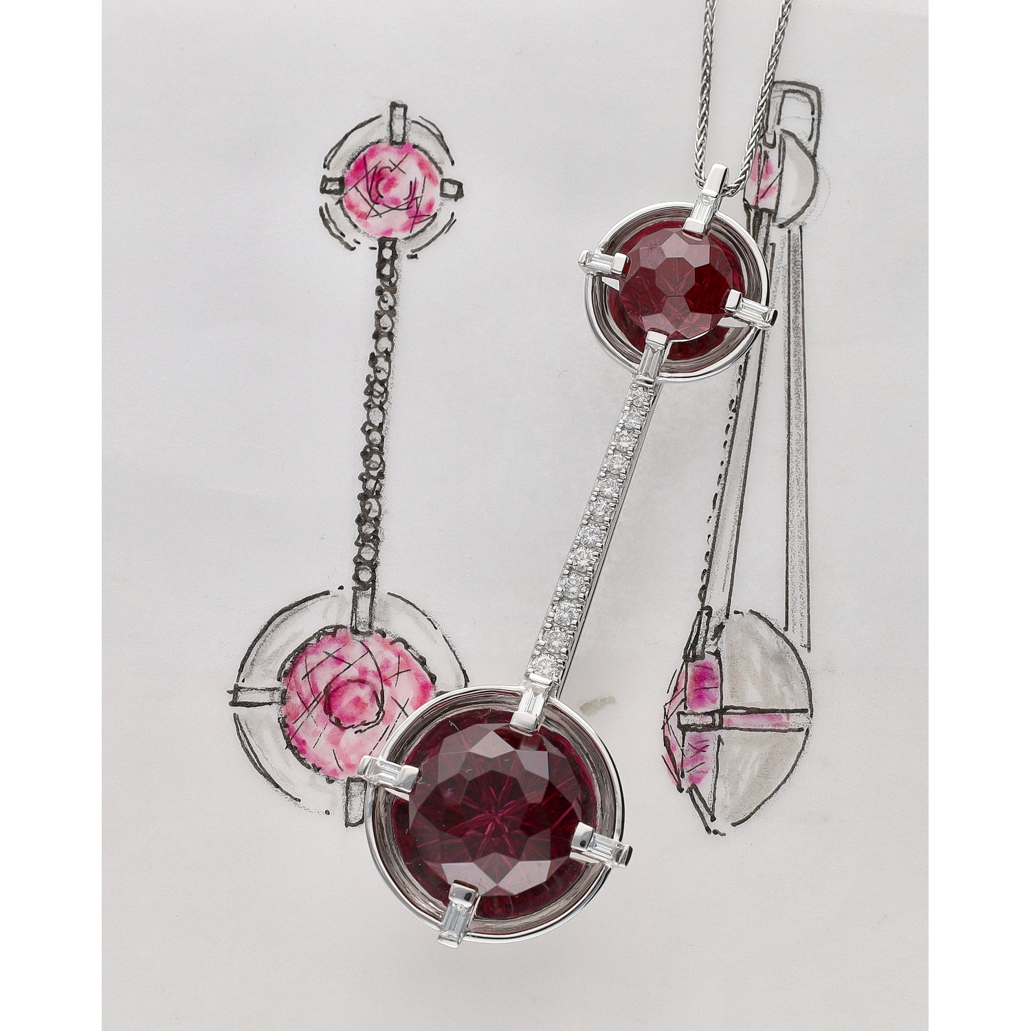 14K White Gold John Dyer Rhodolite Garnet and Diamond Custom Design Pendant Necklace