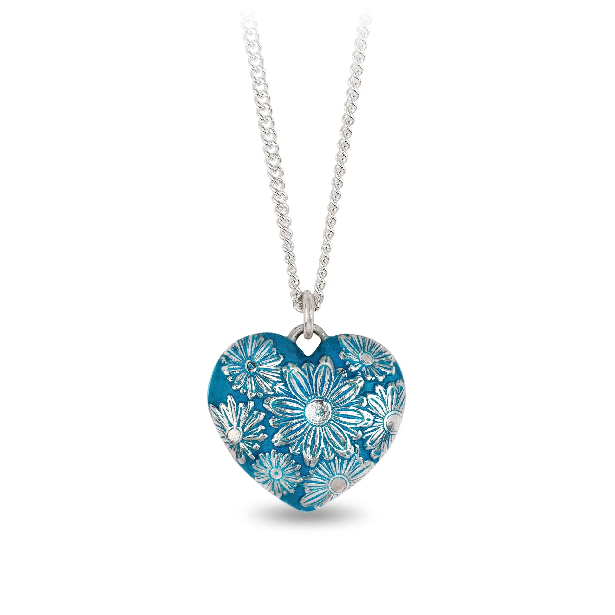 Pyrrha Sterling Silver Large Puffed Heart Daisy Talisman in Capri Blue 18 Inch Medium Curb Chain Necklace