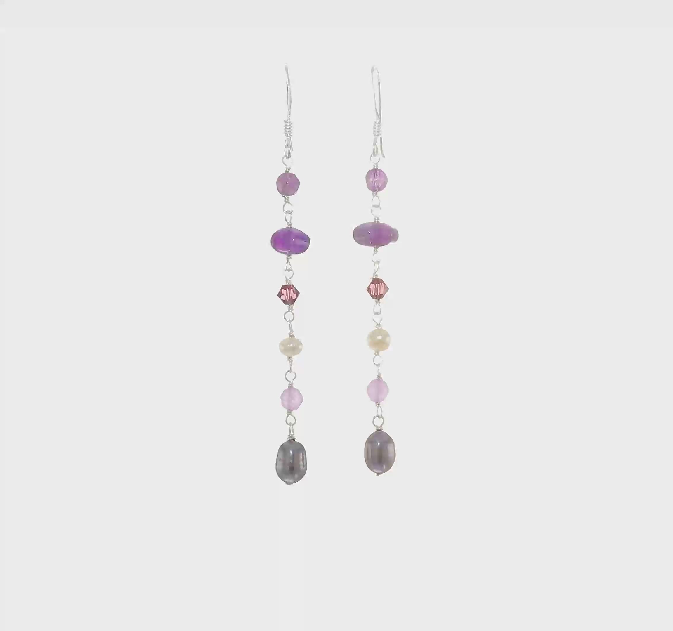 Sterling Silver Multi-Colored Freshwater Pearls, Amethyst, & Lavender Jade Earrings