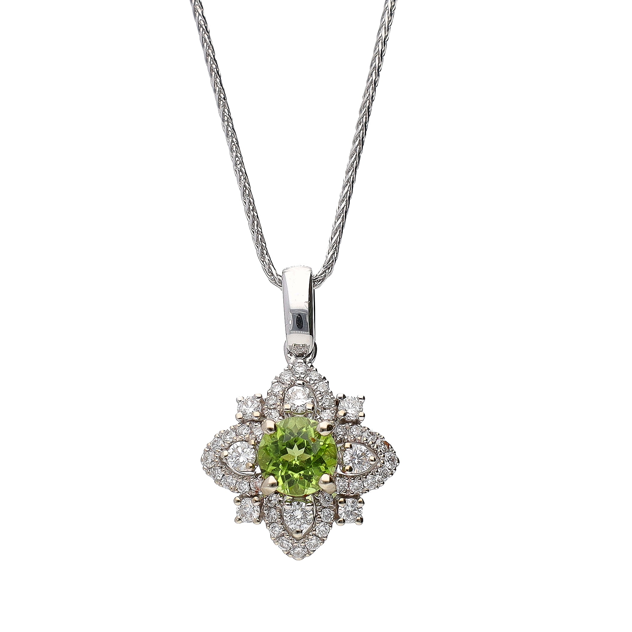 14K White Gold Round Peridot & Diamond Pendant on 18" Superflex Wheat Chain