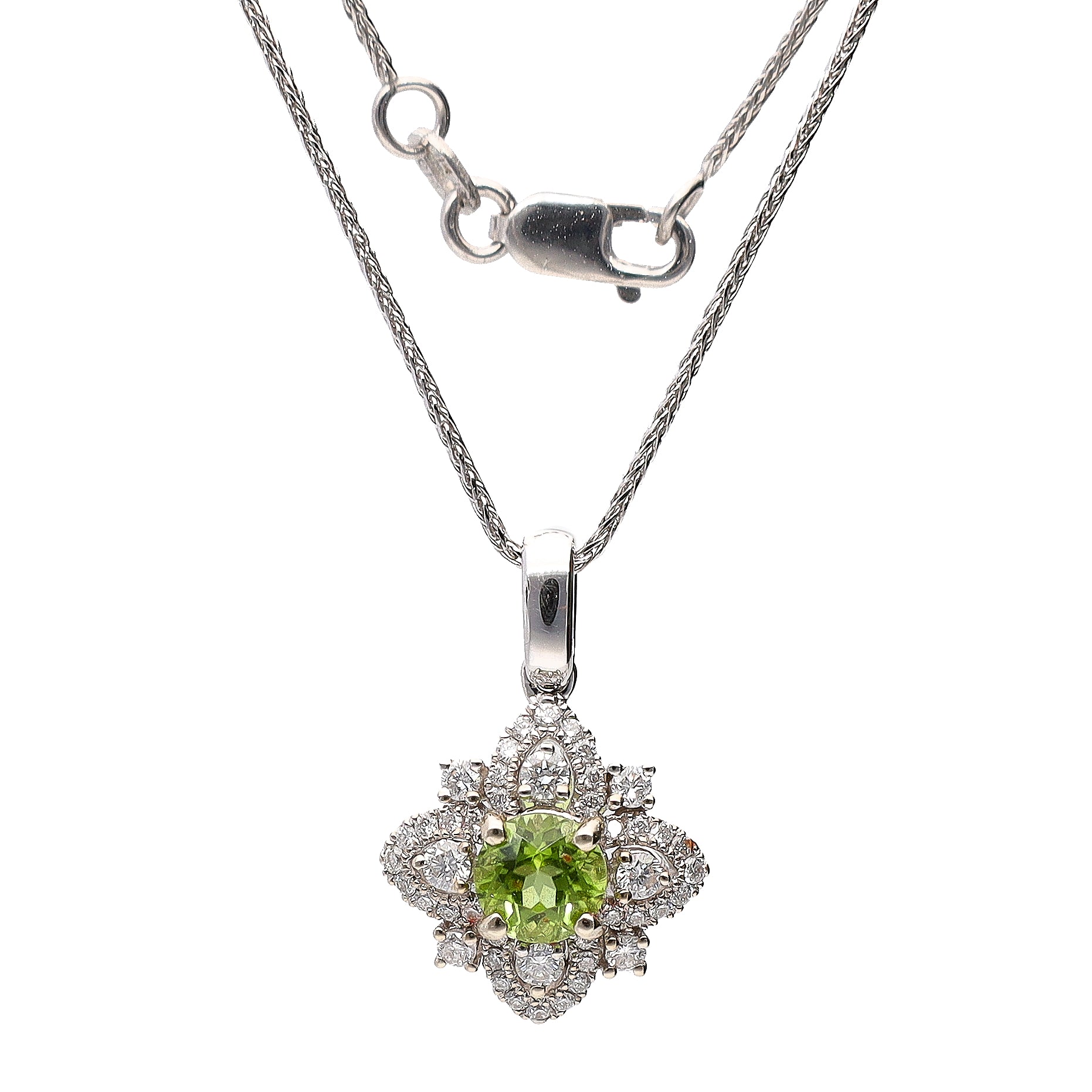 14K White Gold Round Peridot & Diamond Pendant on 18" Superflex Wheat Chain