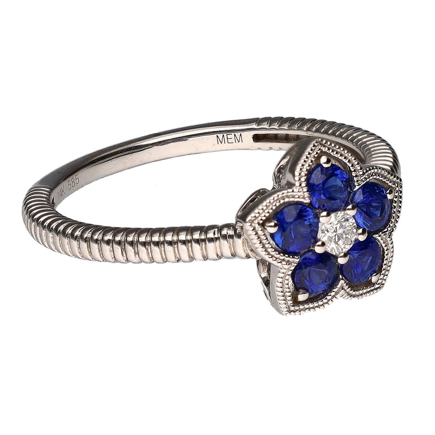 14K White Gold Sapphire & Diamond Flower Shaped Fashion Ring