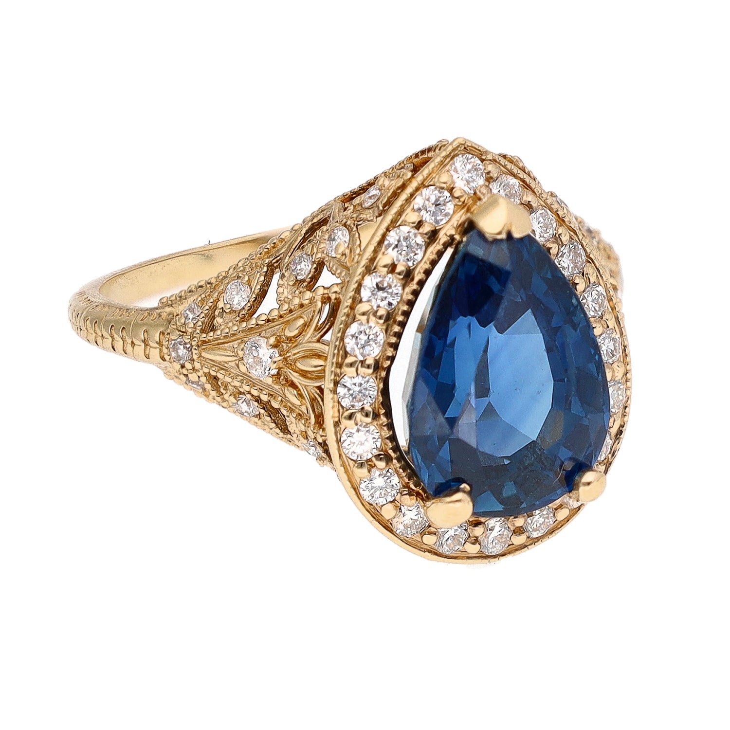14K Yellow Gold Pear Shaped Sapphire and Diamond Ring