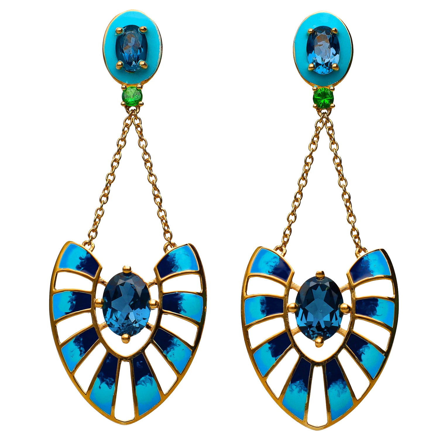 Martha Seely Designs Sterling Silver Gold Plated Hand Painted Enamel & London Blue Topaz Dangle Earrings