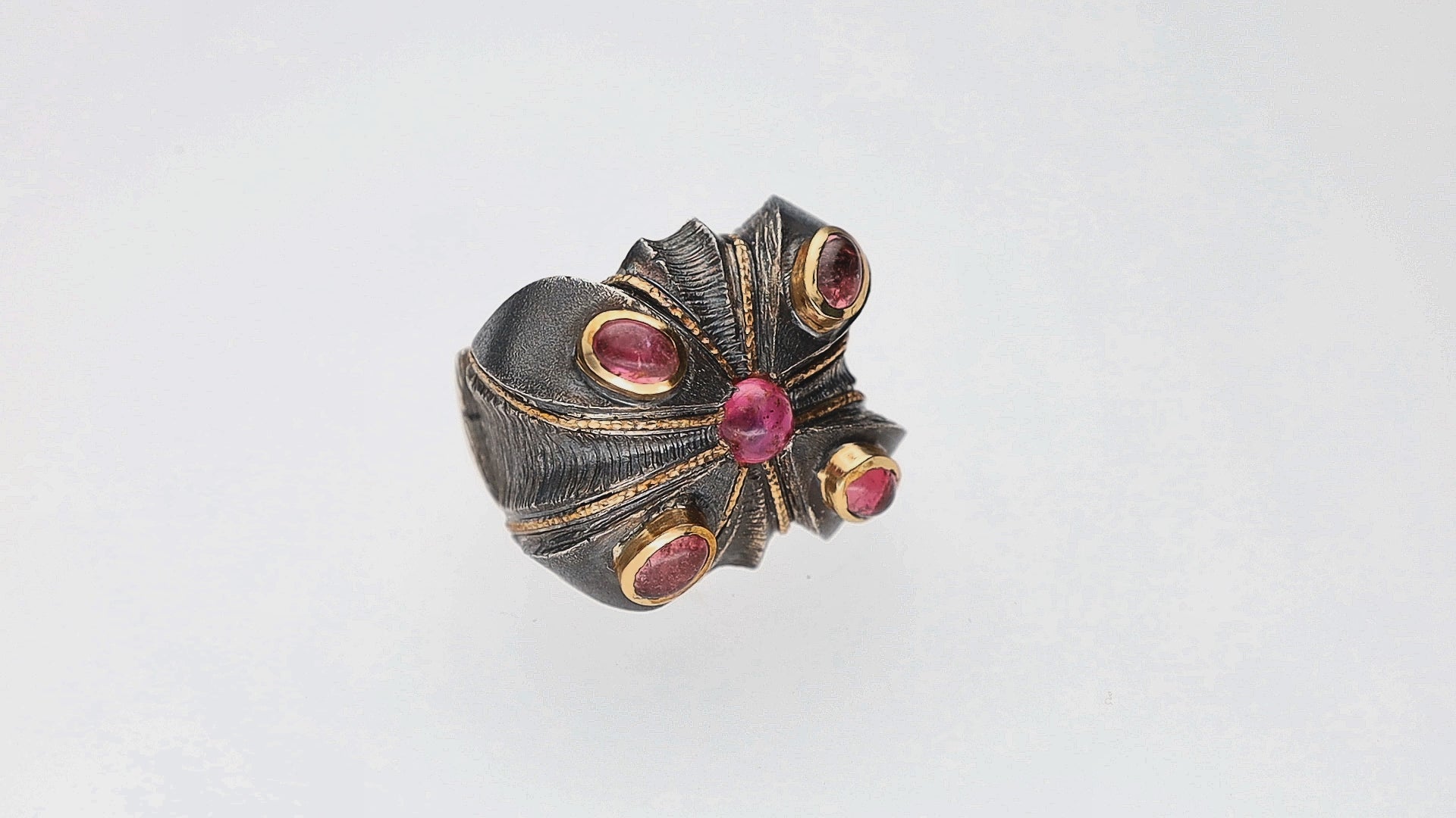 Bora Jewelry Sterling Silver & Bronze Ring w/ Four Pink Sapphire Cabochons & One Pink Tourmaline