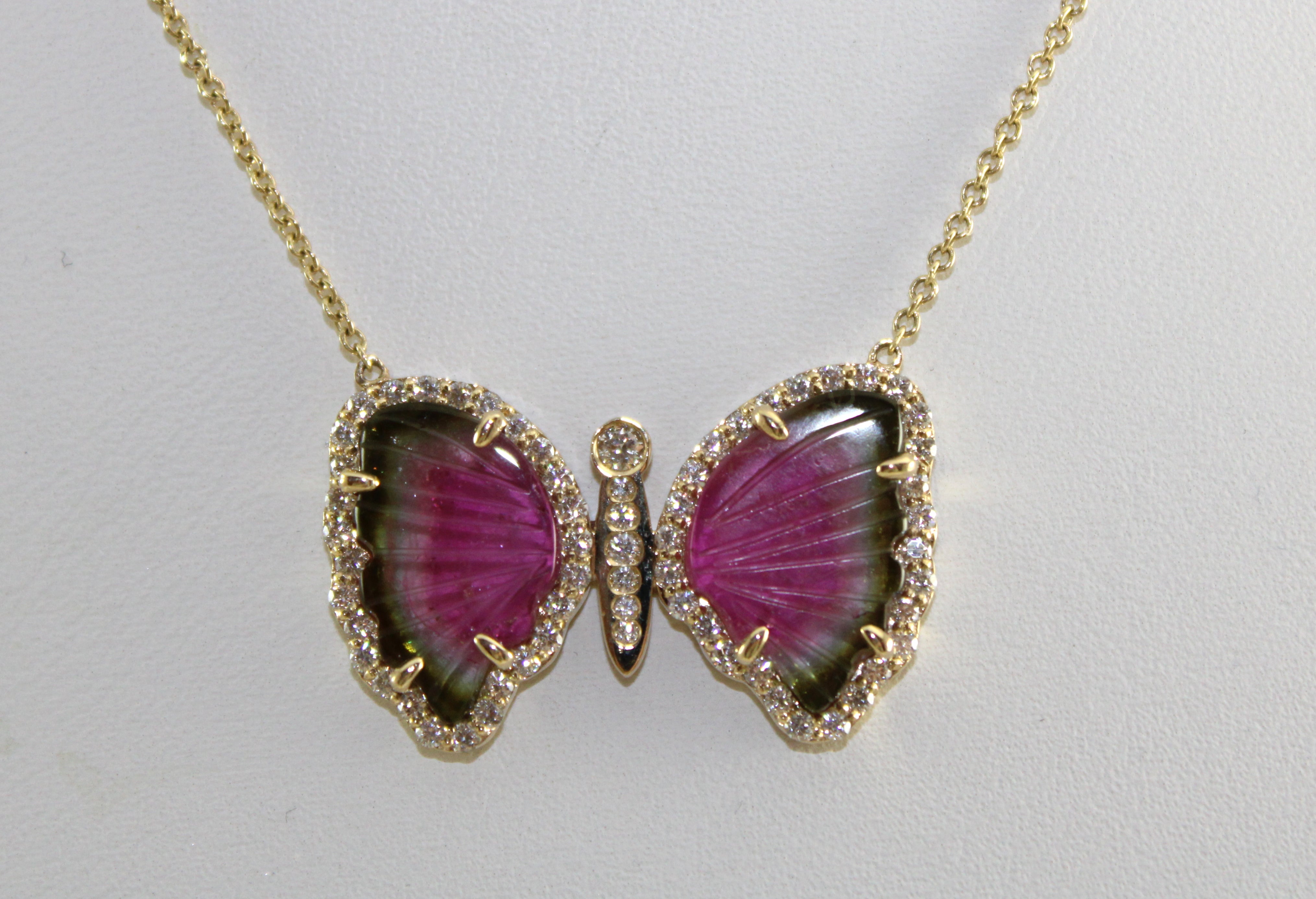 14K Yellow Gold Tourmaline Slice & Diamond Butterfly Necklace