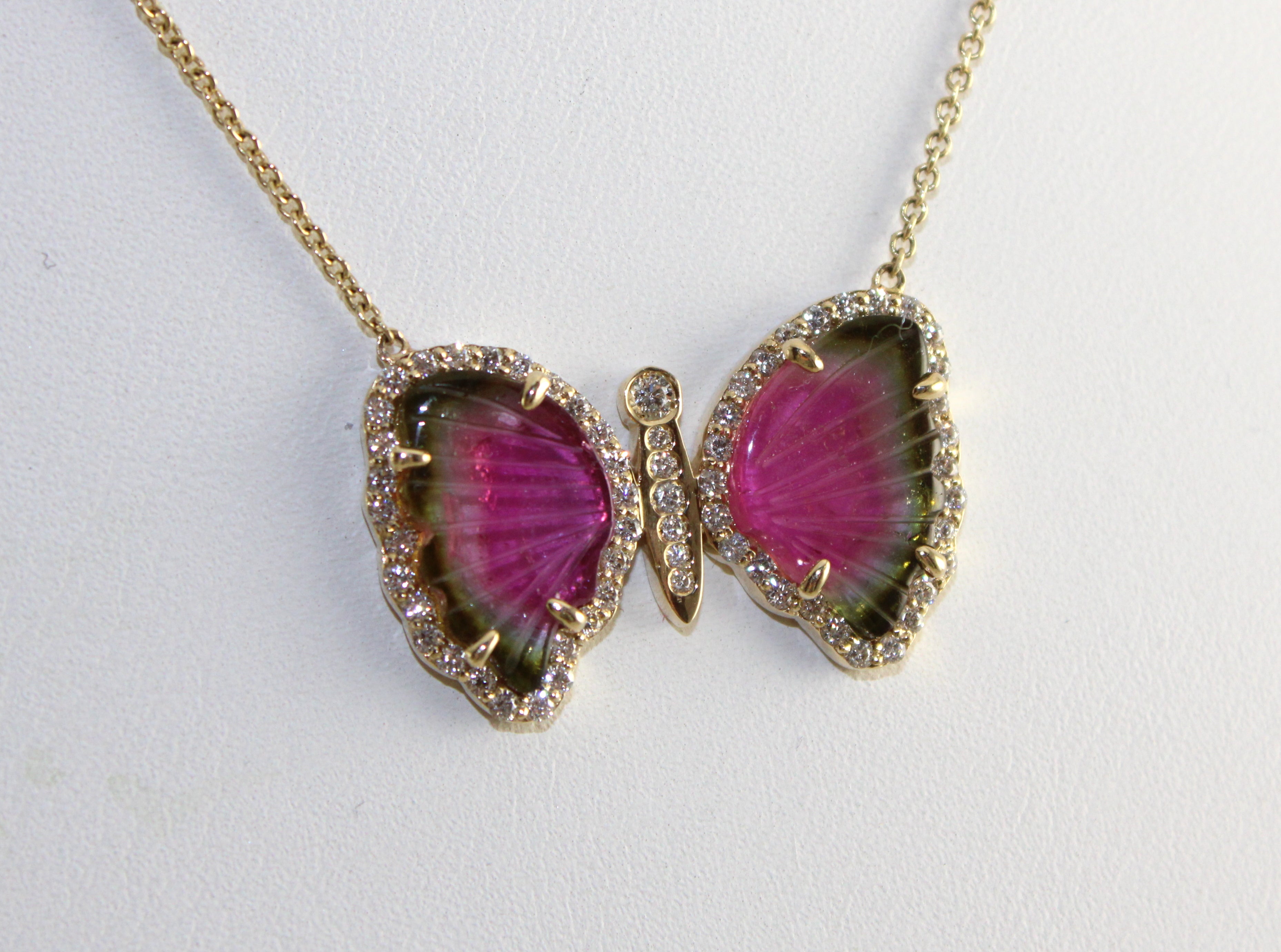 14K Yellow Gold Tourmaline Slice & Diamond Butterfly Necklace