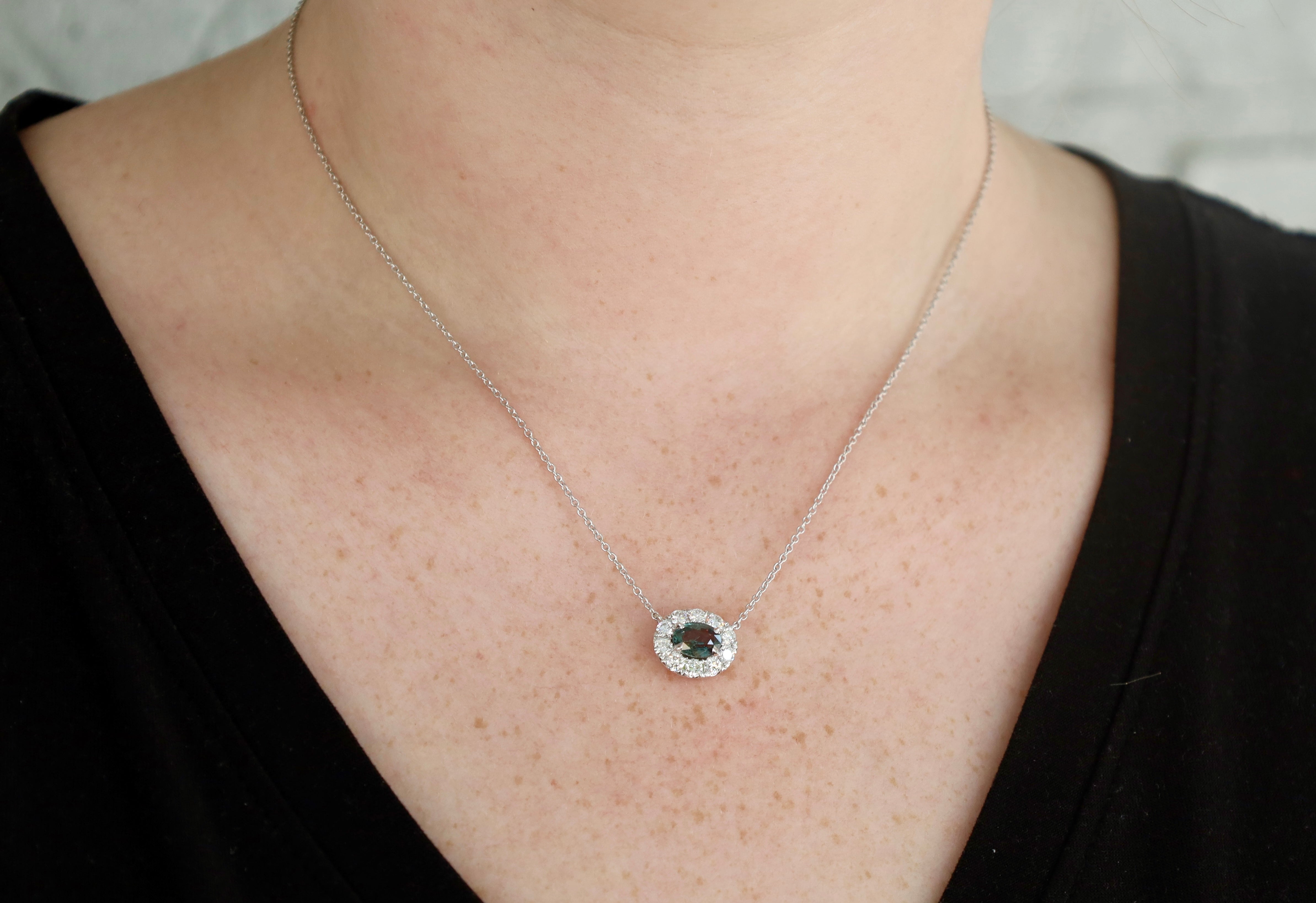 18K White Gold Oval Alexandrite & Diamond 18" Necklace