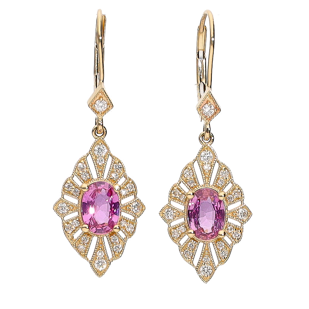14K Yellow Gold Oval Pink Sapphire and Diamond Leverback Drop Earrings