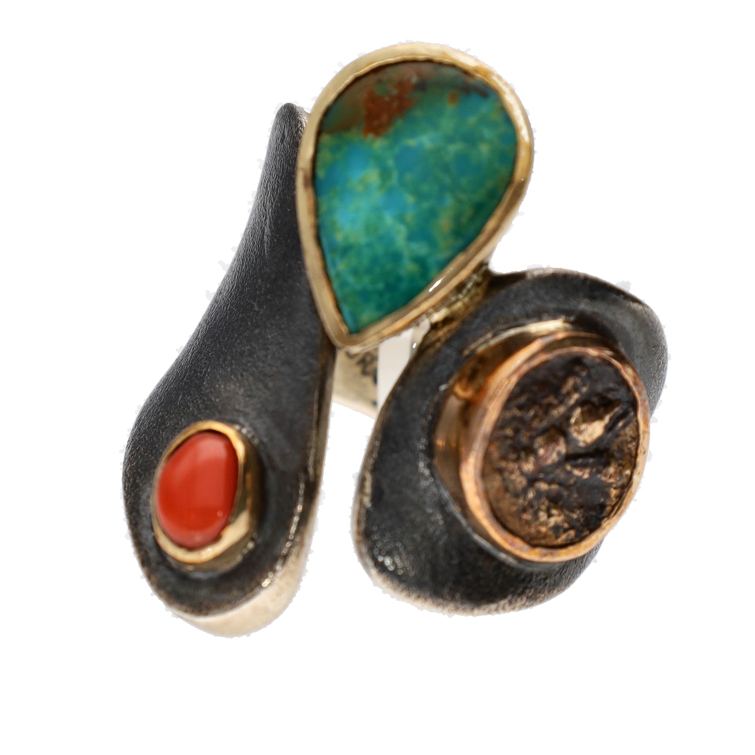 Bora Jewelry of Brooklyn Sterling Silver & Bronze Ring w/Turquoise & Coral