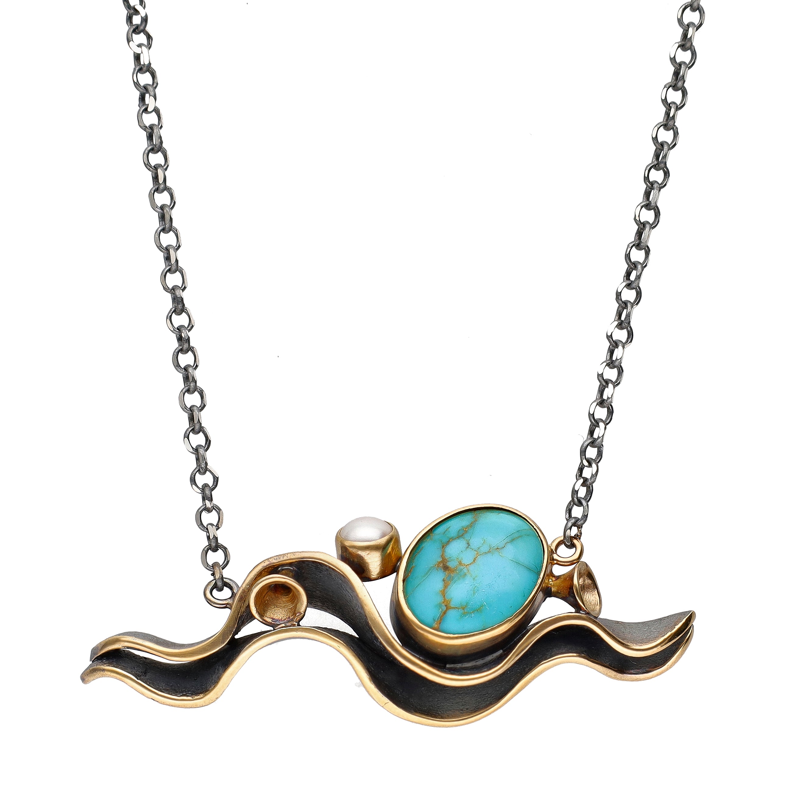 Bora Jewelry of Brooklyn Oxidized Sterling Silver & Bronze Pendant w/ Turquoise & Pearl