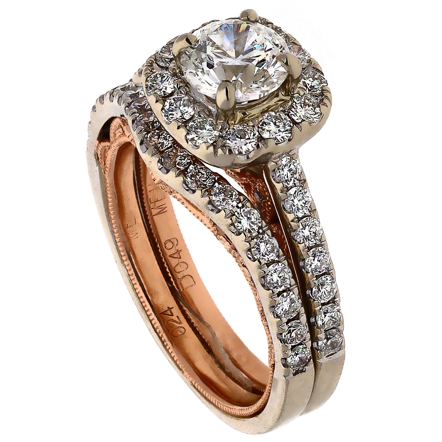 14K White and Rose Gold Diamond Engagement Ring and Wedding Band Set