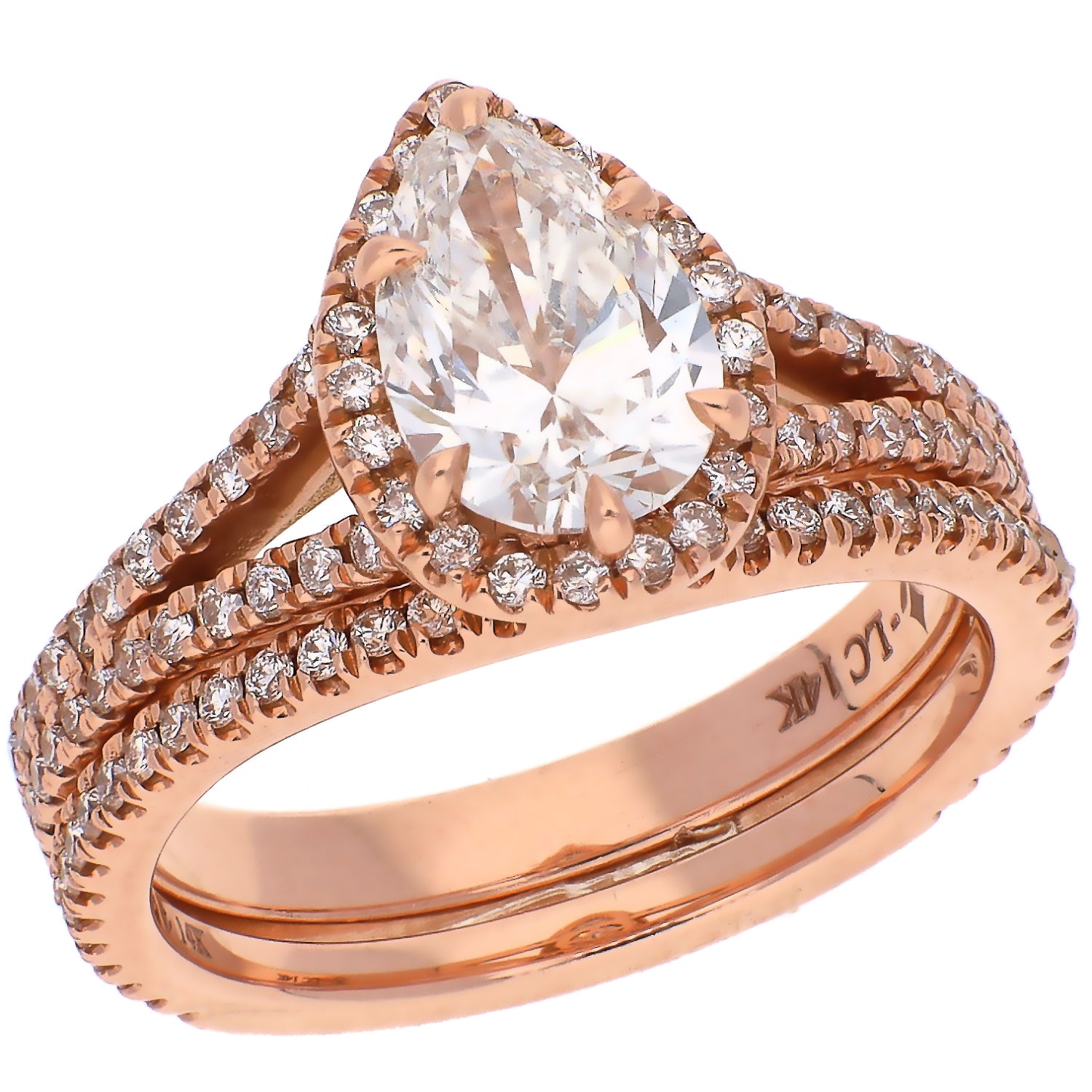 14K Rose Gold Pear Shaped Lab Diamond Engagement Ring and Wedding Band Set