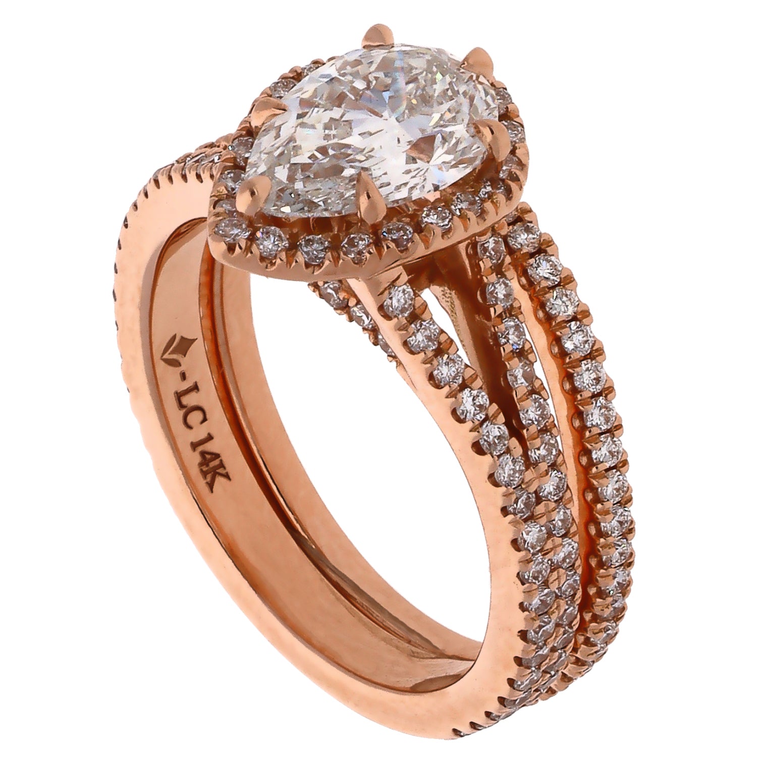 14K Rose Gold Pear Shaped Lab Diamond Engagement Ring and Wedding Band Set