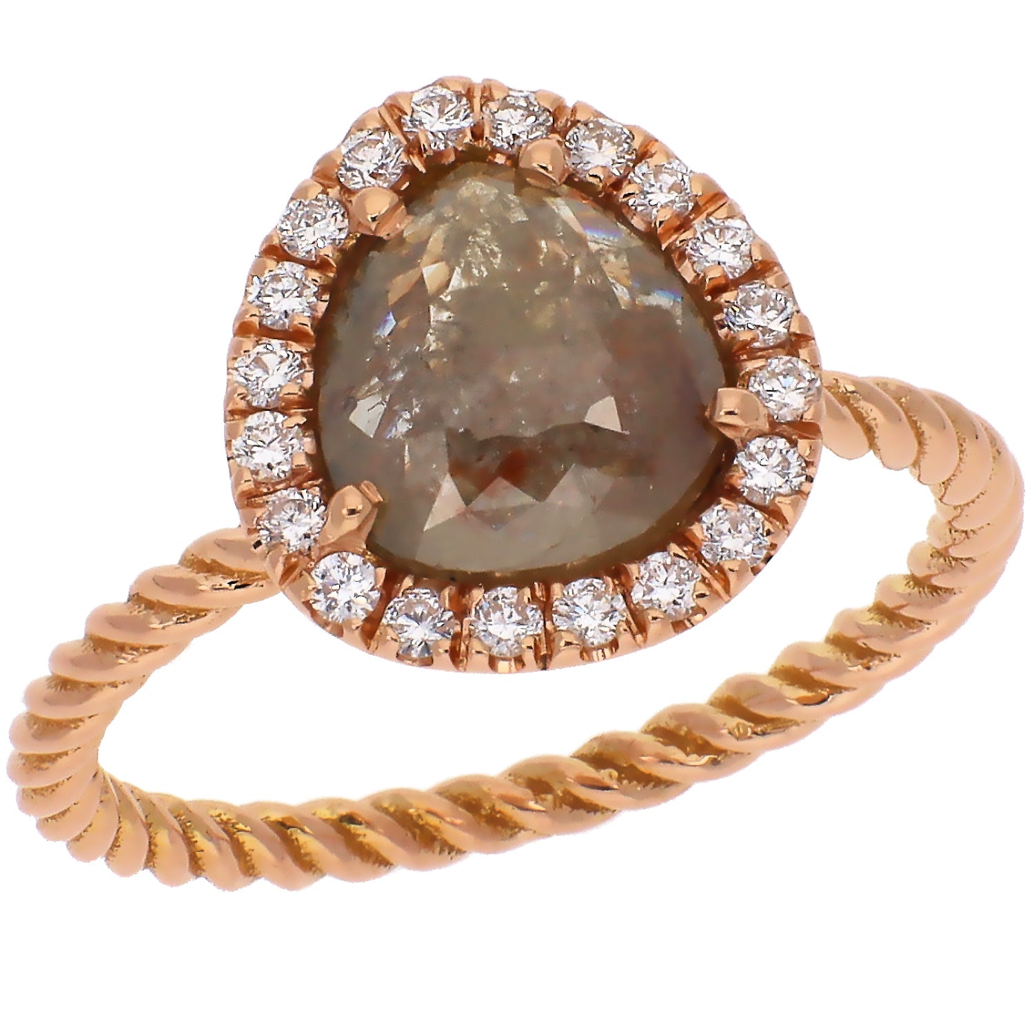 14K Rose Gold Rough Cut Diamond w/ Diamond Halo Rope Shank Engagement/Fashion Ring