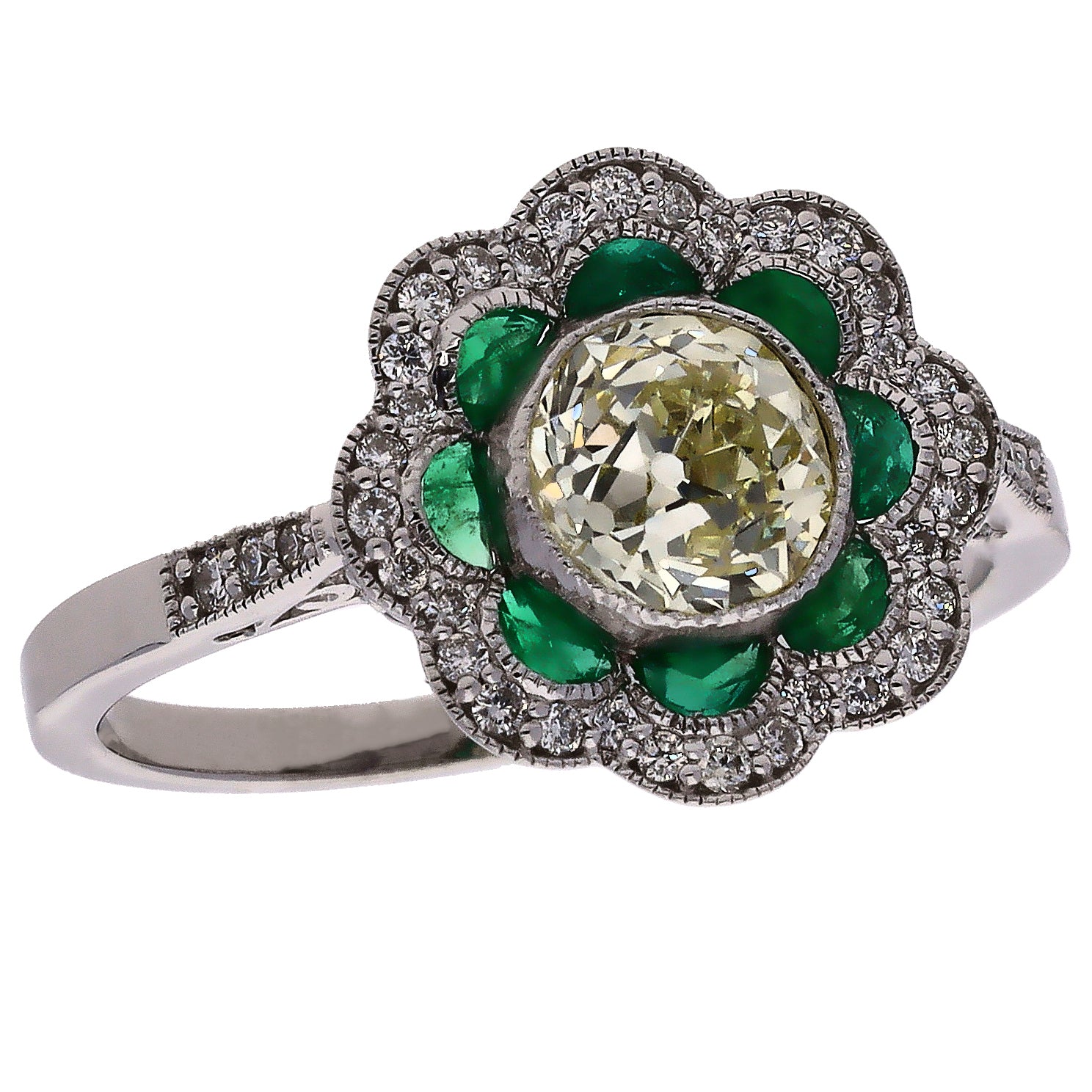 14K White Gold European Cut Diamond and Emerald Fashion Ring